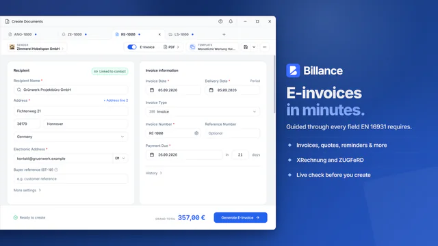 Screenshot of Billance for macOS: E-invoices in minutes