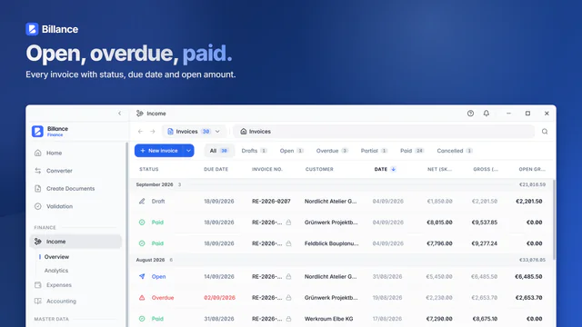 Screenshot of Billance for macOS: Open, overdue, paid