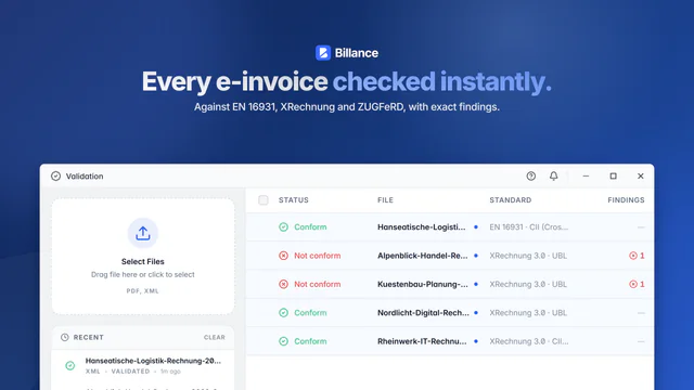 Screenshot of Billance for macOS: Every e-invoice checked instantly