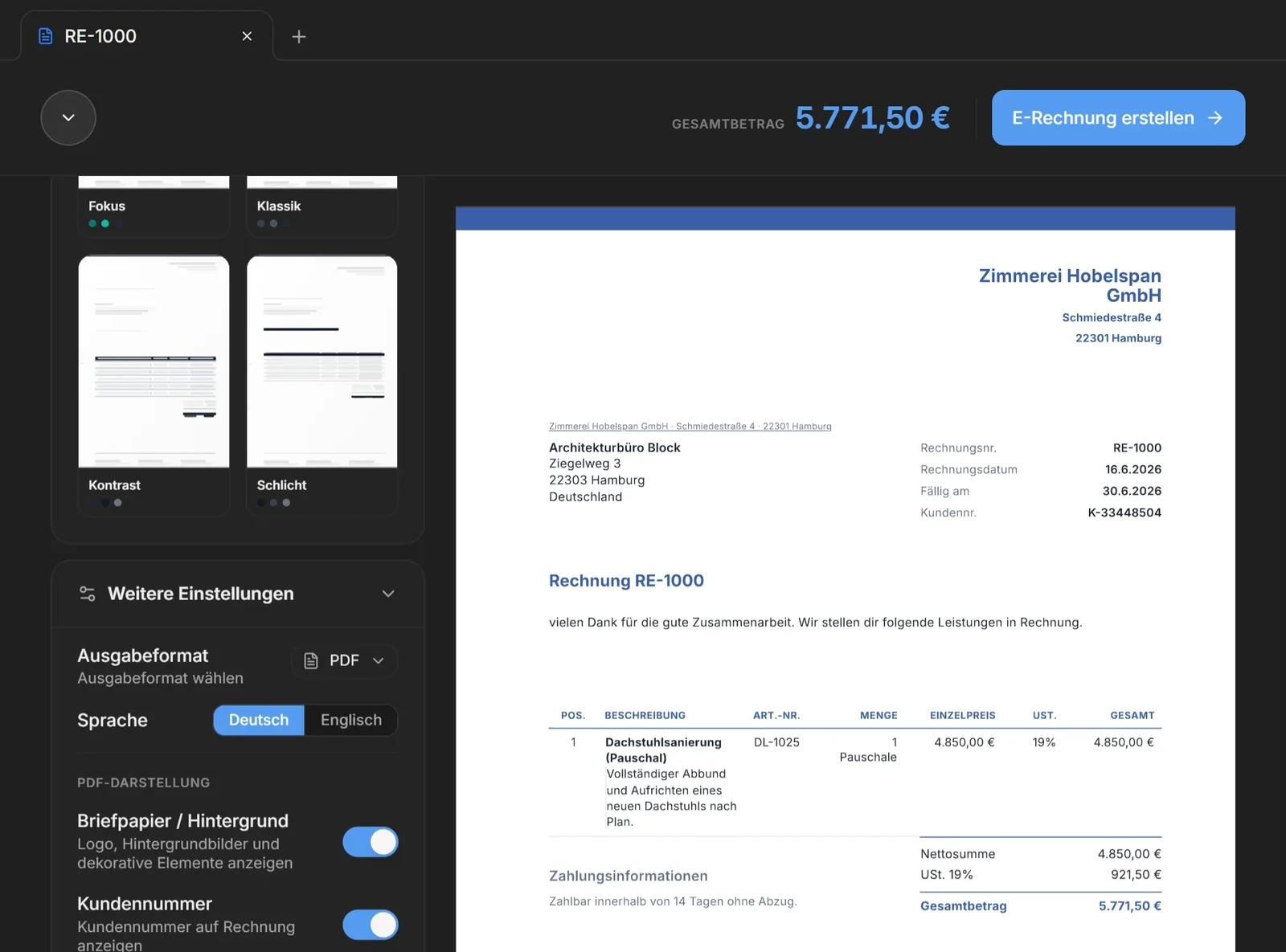 Live-PDF-Vorschau und flexible Generierung