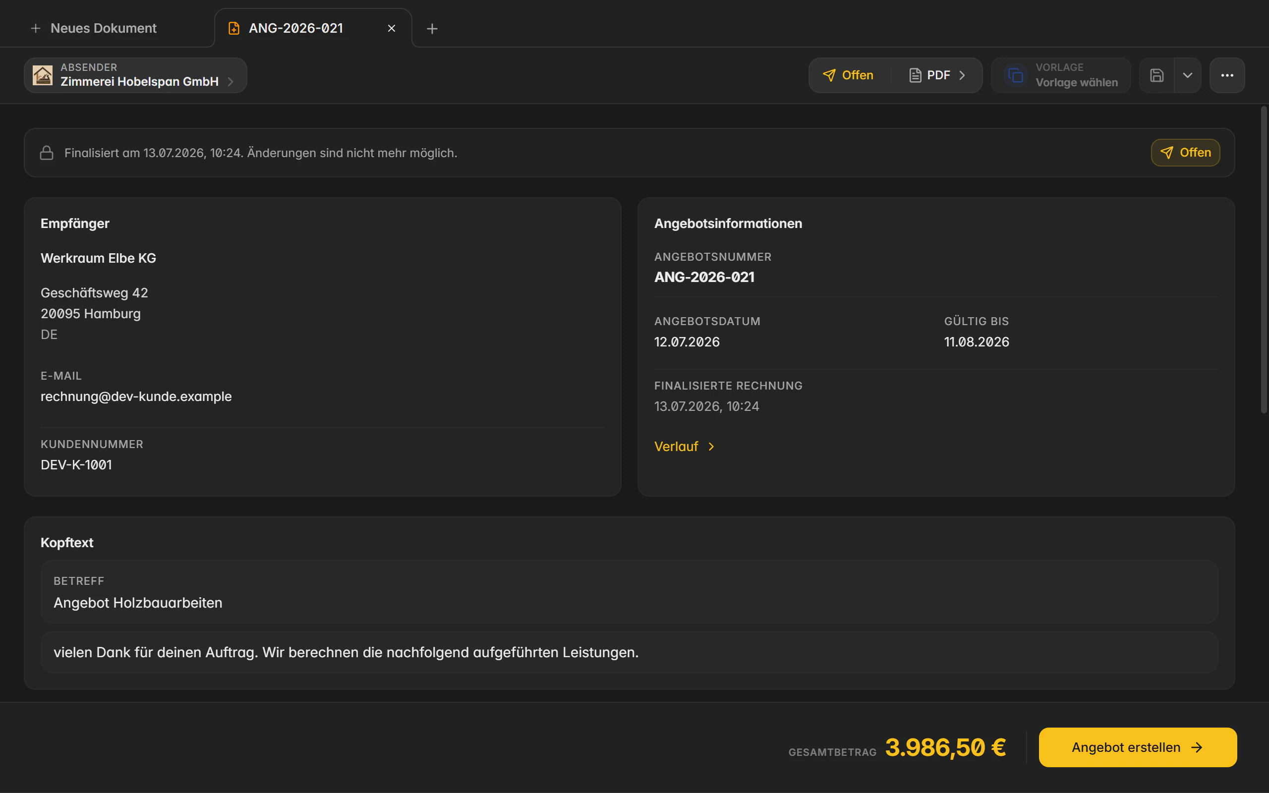 Angebot in Billance mit Empfänger, Angebotsnummer, Angebotsdatum, Gültigkeitsdatum und Gesamtbetrag