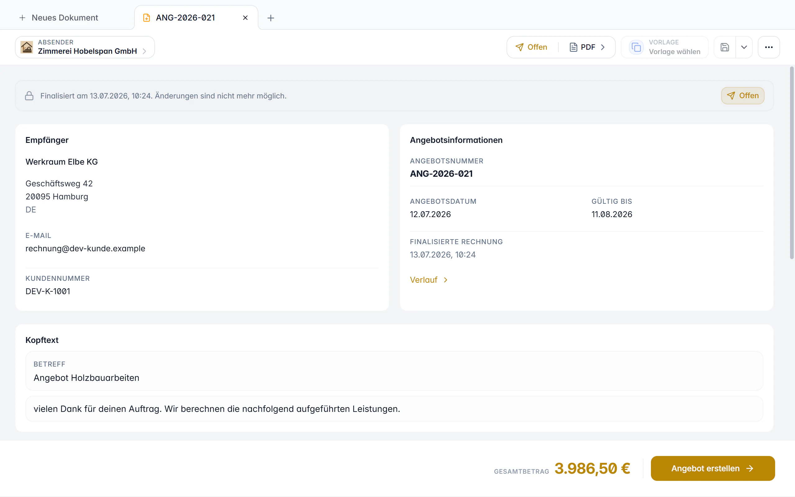 Angebot in Billance mit Empfänger, Angebotsnummer, Angebotsdatum, Gültigkeitsdatum und Gesamtbetrag