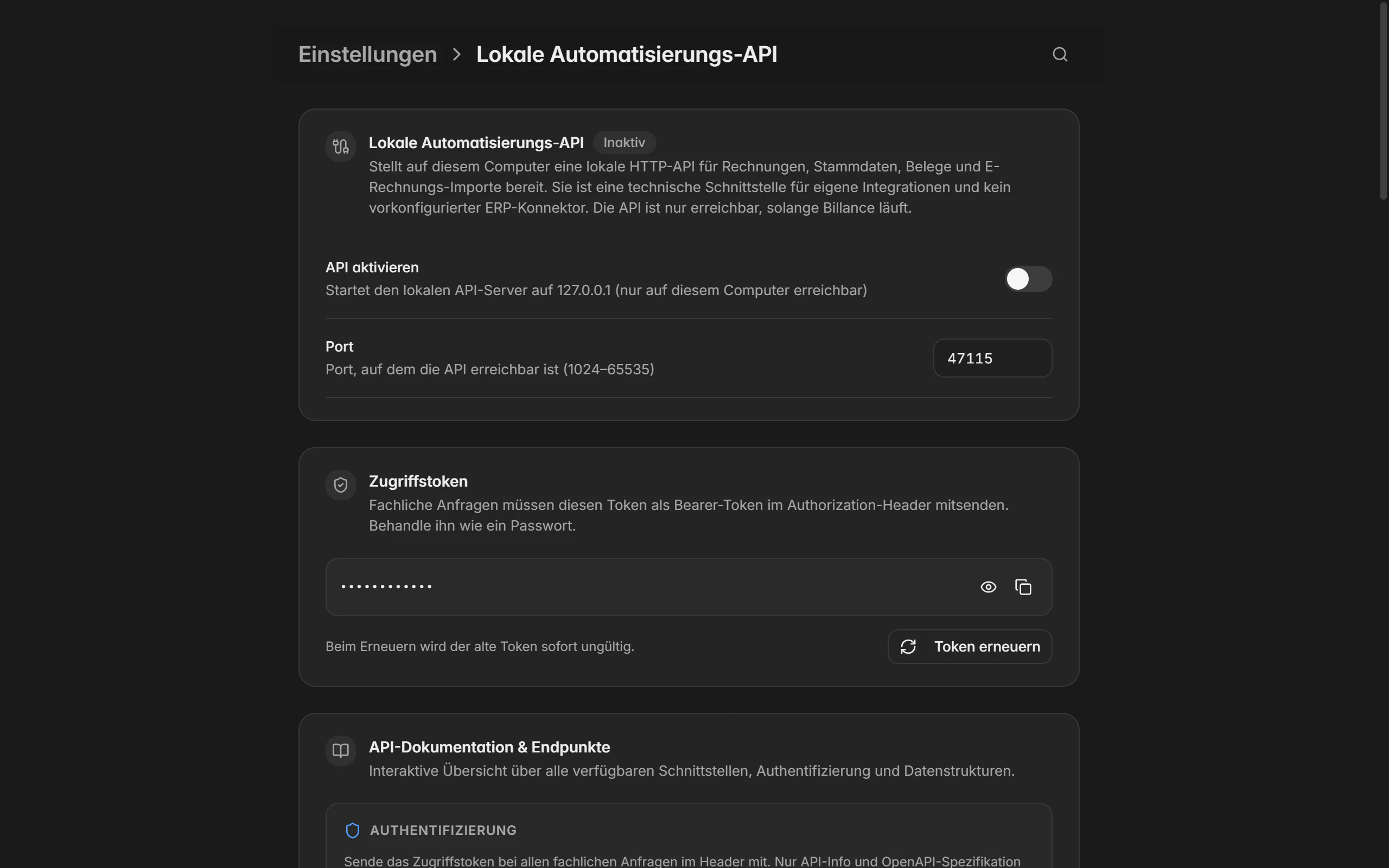 Einstellungen der lokalen Automatisierungs-API in Billance mit Port, Zugriffstoken und Endpunktdokumentation