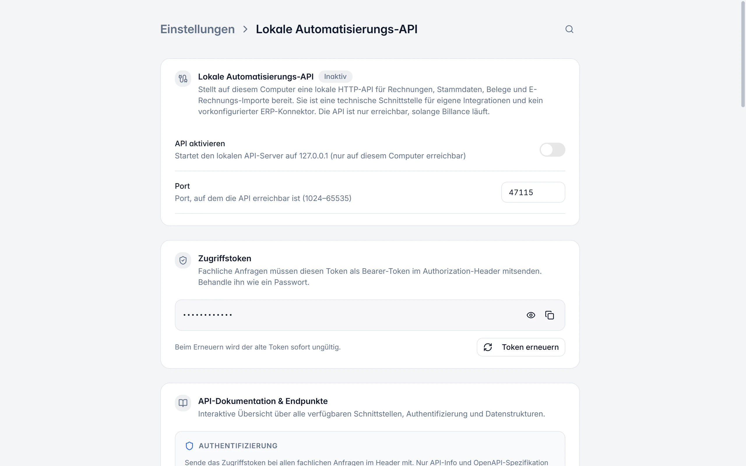 Einstellungen der lokalen Automatisierungs-API in Billance mit Port, Zugriffstoken und Endpunktdokumentation
