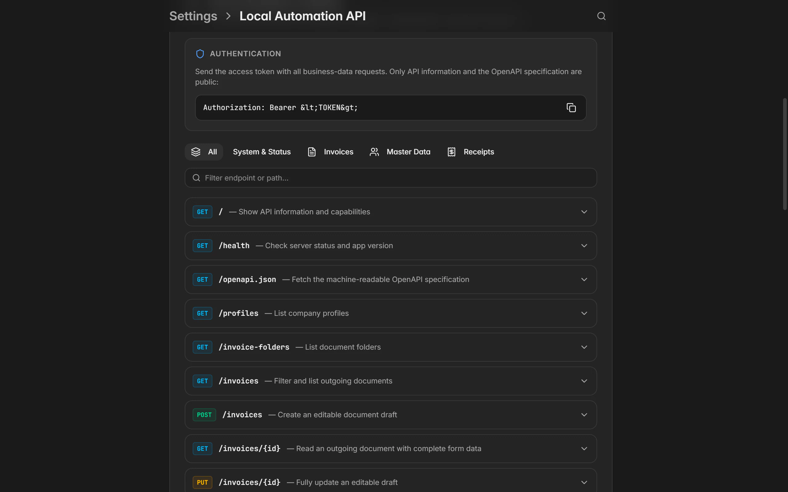 Local automation API settings in Billance with port, access token and endpoint documentation