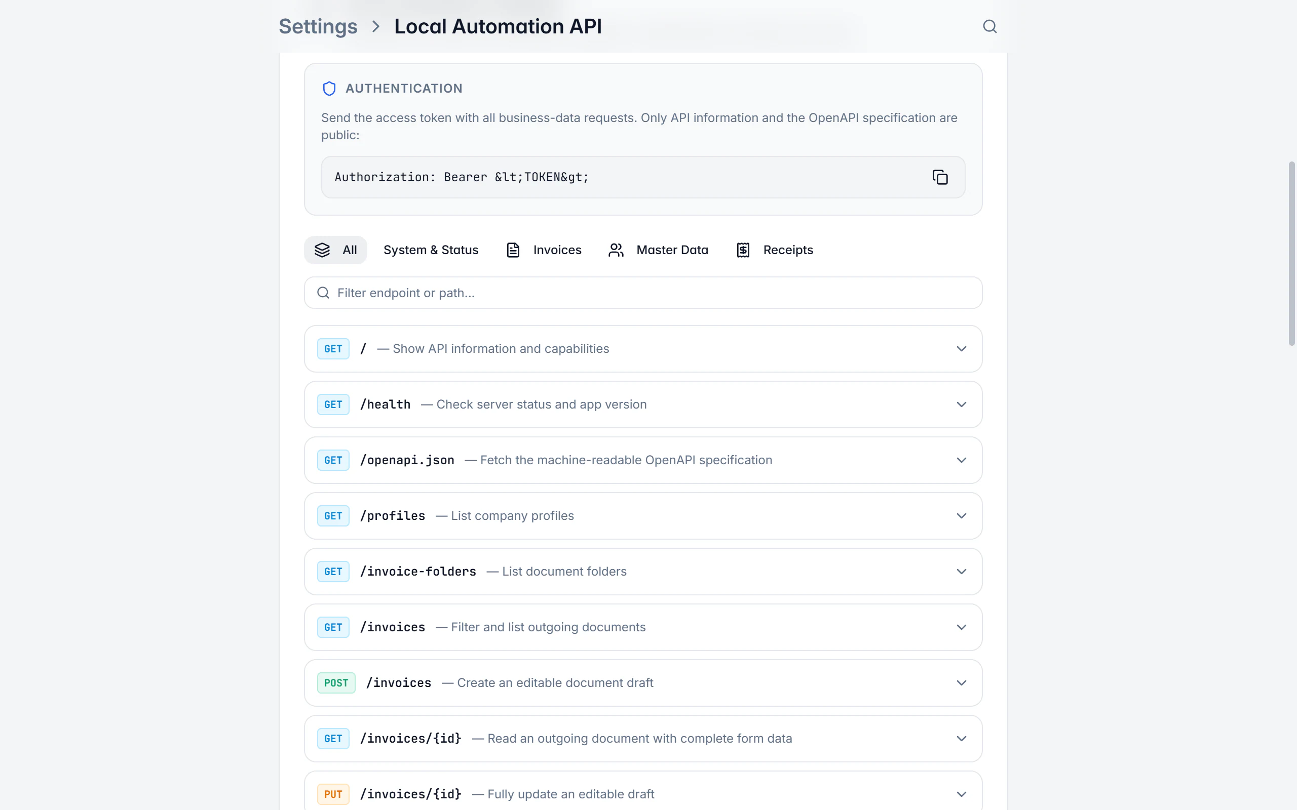Local automation API settings in Billance with port, access token and endpoint documentation
