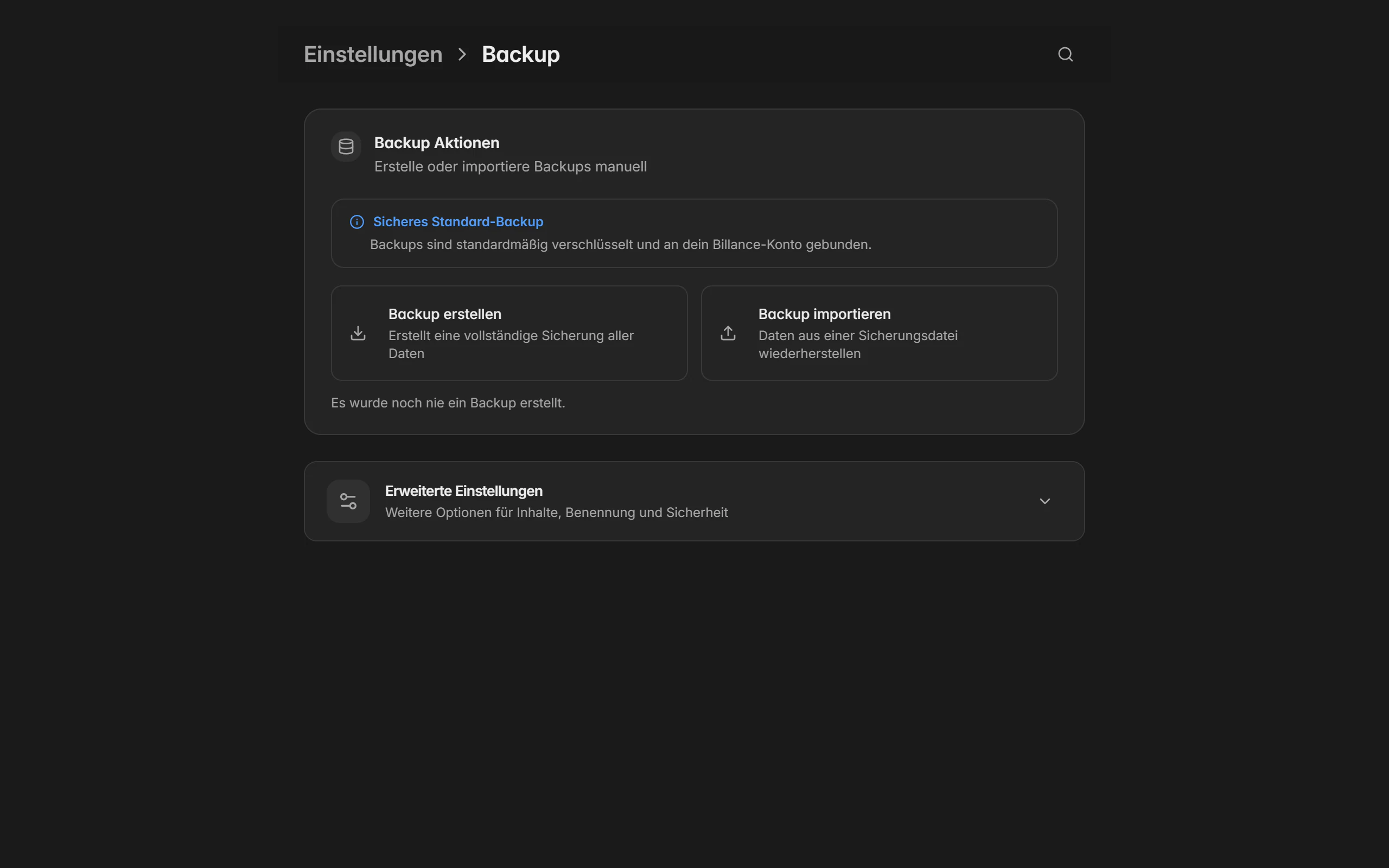 Backup-Einstellungen in Billance mit manuellem Backup, Zeitplan und Wiederherstellung