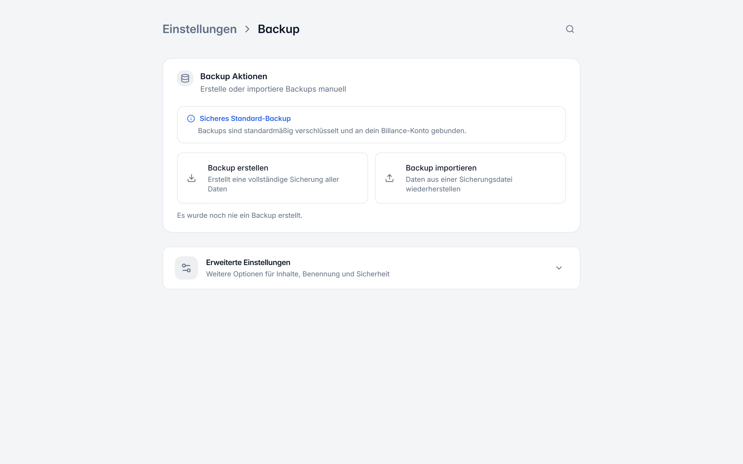 Backup-Einstellungen in Billance mit manuellem Backup, Zeitplan und Wiederherstellung