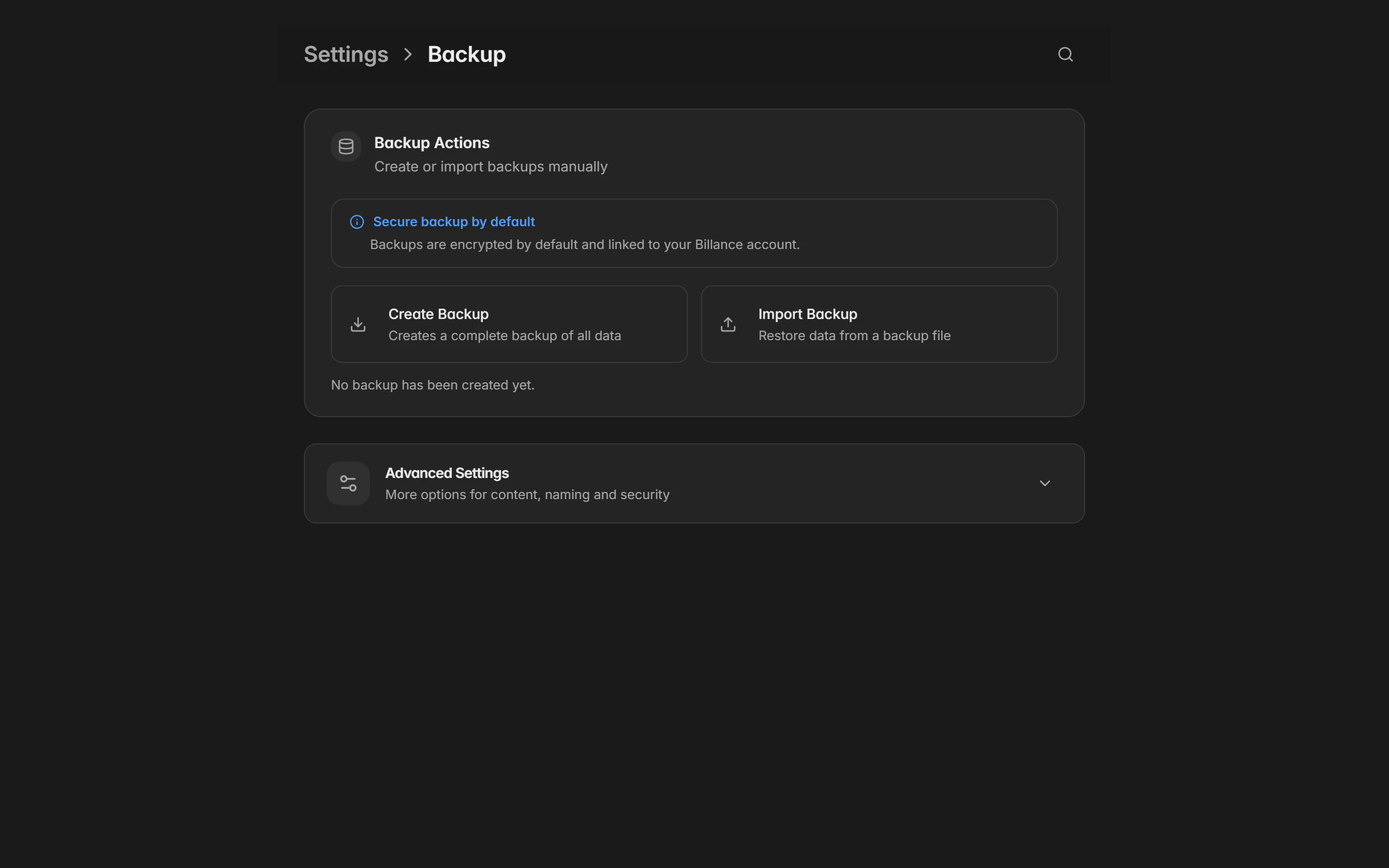 Backup settings in Billance with manual backup, schedule and restore