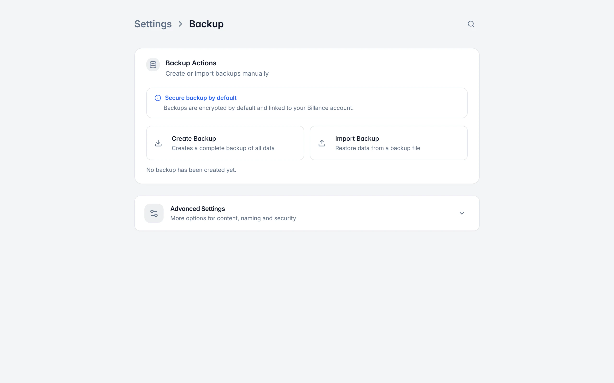 Backup settings in Billance with manual backup, schedule and restore
