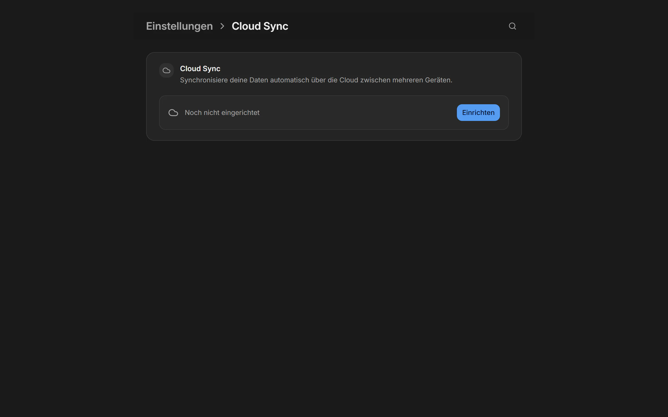 Cloud-Synchronisation in den Billance-Einstellungen mit Anbieterauswahl, Status und Datenbereichen