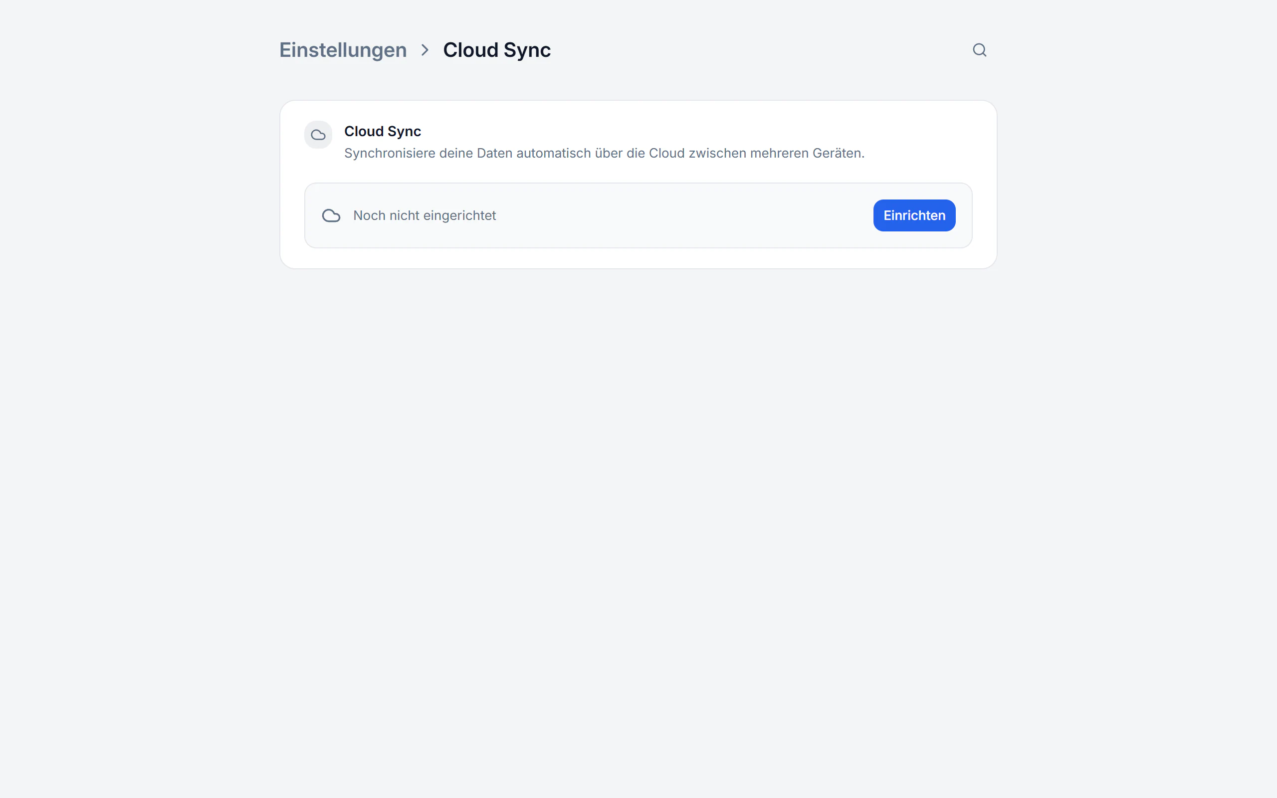 Cloud-Synchronisation in den Billance-Einstellungen mit Anbieterauswahl, Status und Datenbereichen