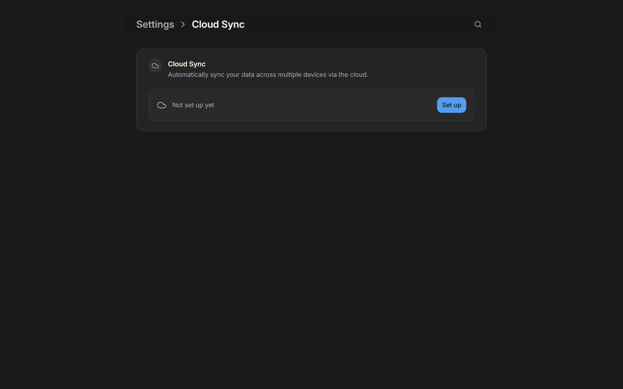 Cloud synchronisation in the Billance settings with provider selection, status and data areas