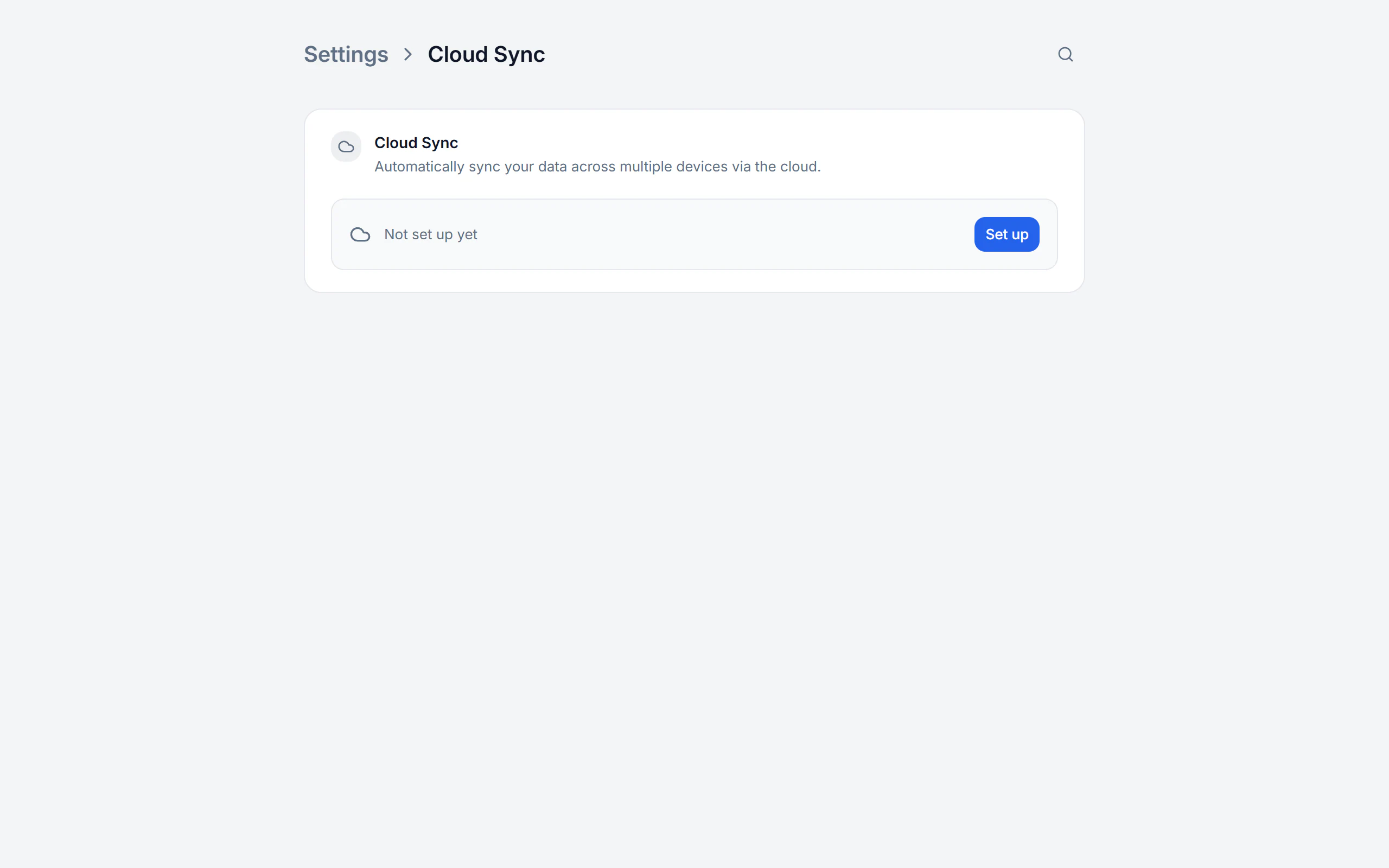 Cloud synchronisation in the Billance settings with provider selection, status and data areas