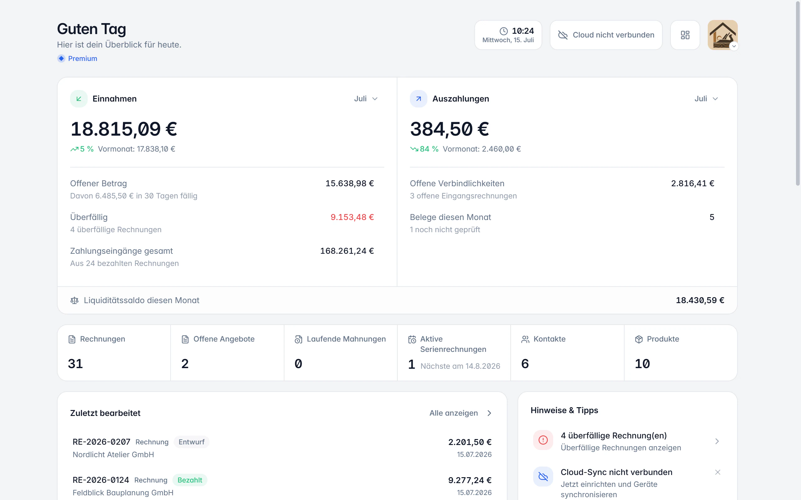 Startseite von Billance mit Umsatzkennzahlen, offenen Beträgen und Diagrammen
