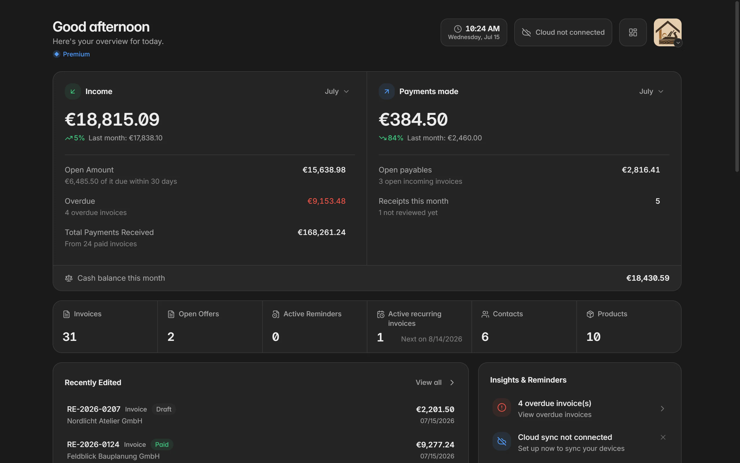 Billance home screen with revenue figures, outstanding amounts, and charts