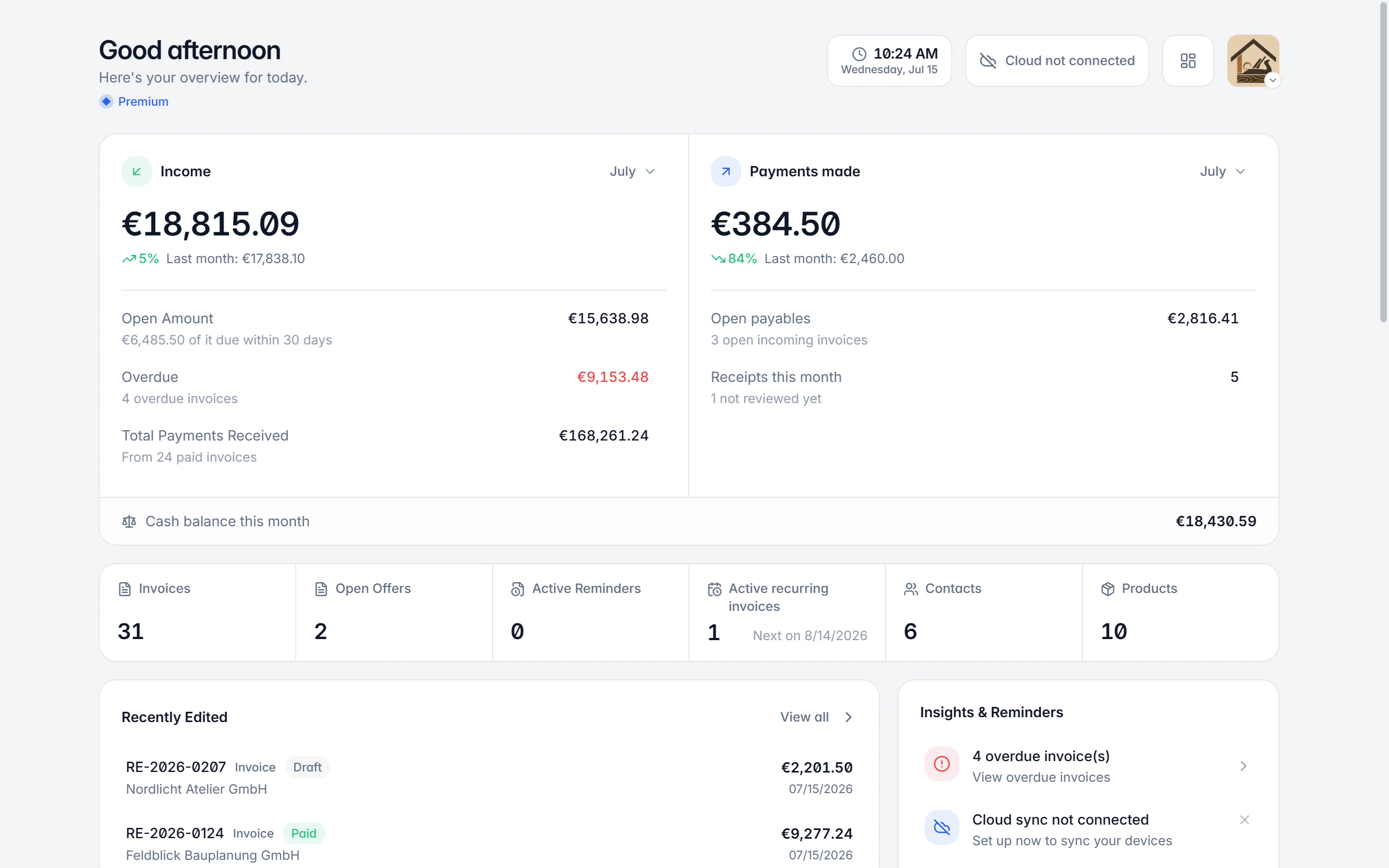 Billance home screen with revenue figures, outstanding amounts, and charts