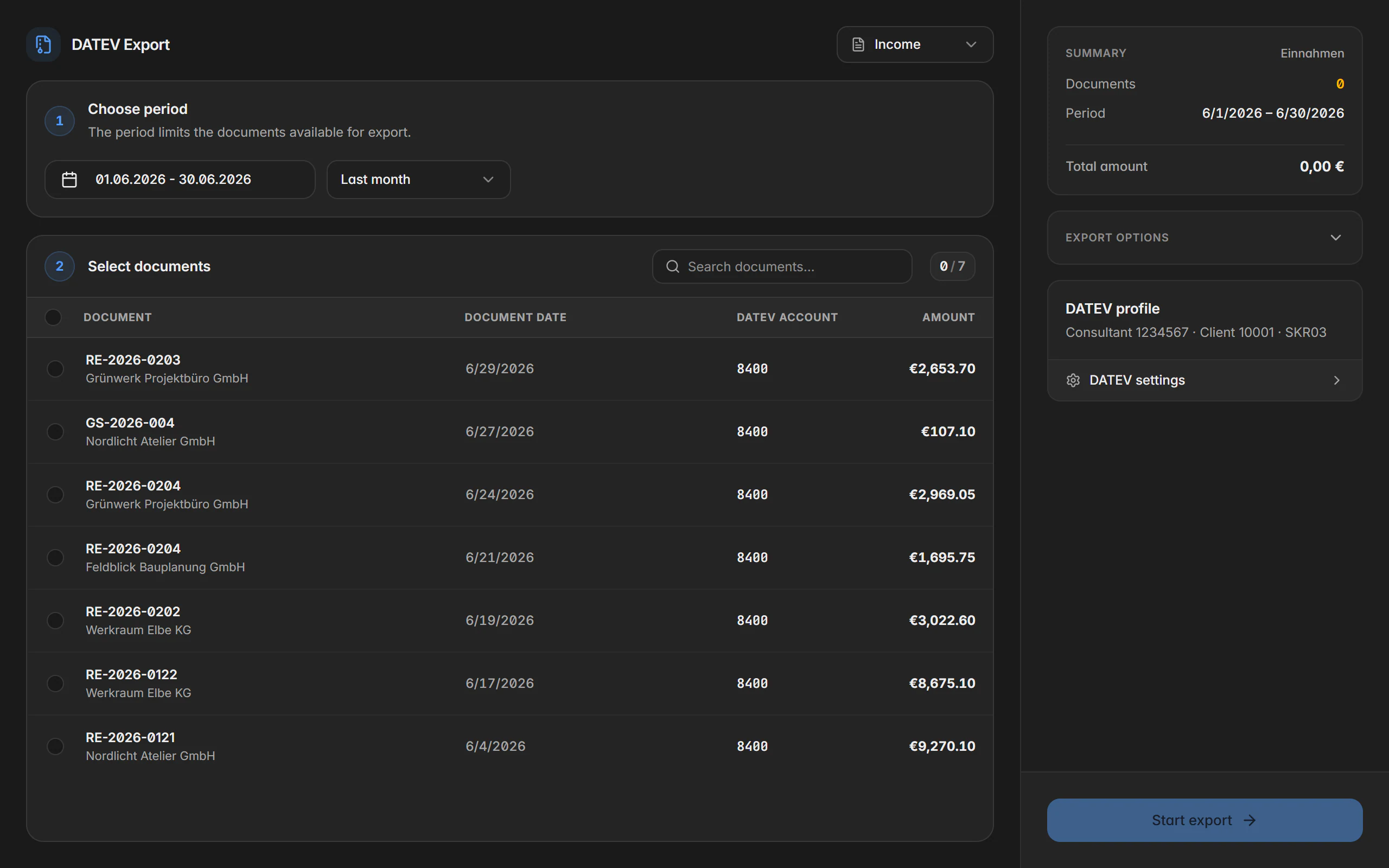 DATEV export in Billance with period selection, posting count, accounts and validation hints