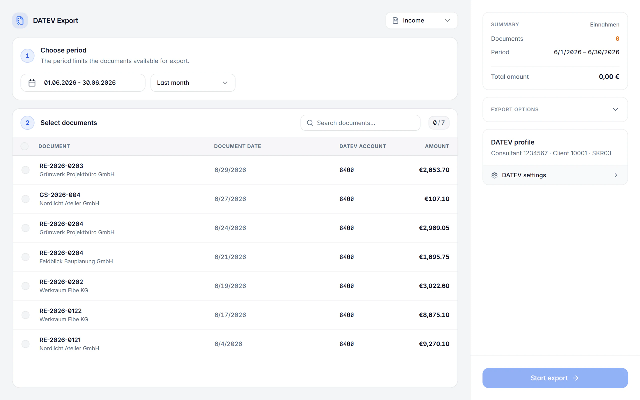 DATEV export in Billance with period selection, posting count, accounts and validation hints
