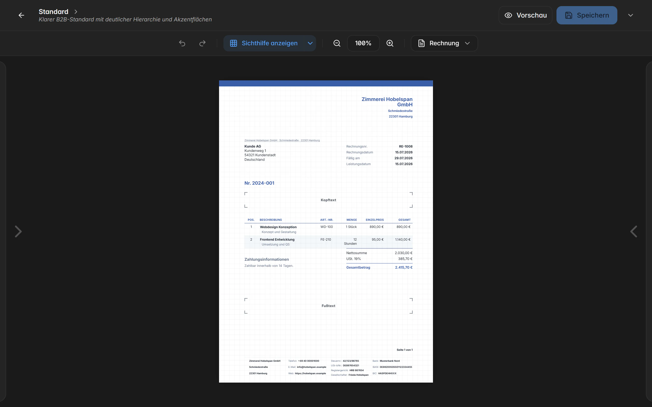 Dokumentdesigner von Billance mit Elementliste und Live-Vorschau des Rechnungs-PDFs