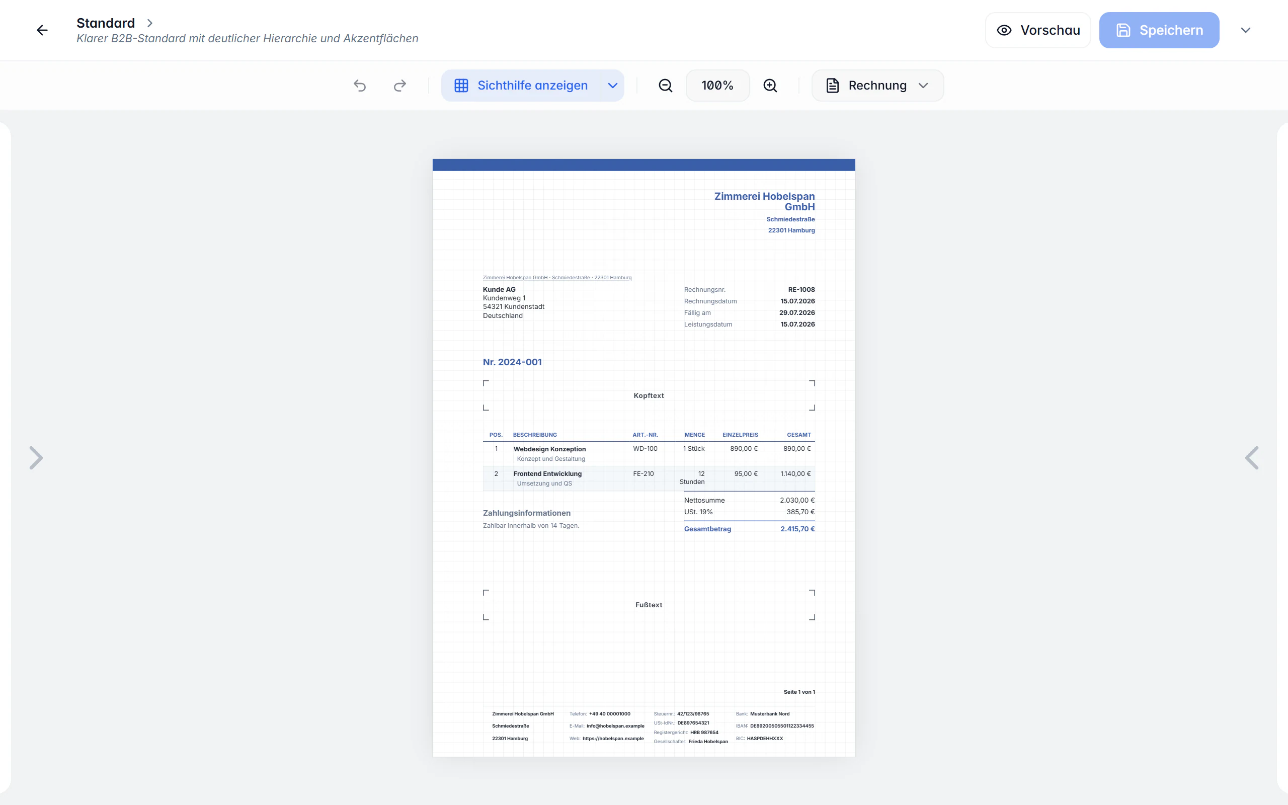 Dokumentdesigner von Billance mit Elementliste und Live-Vorschau des Rechnungs-PDFs