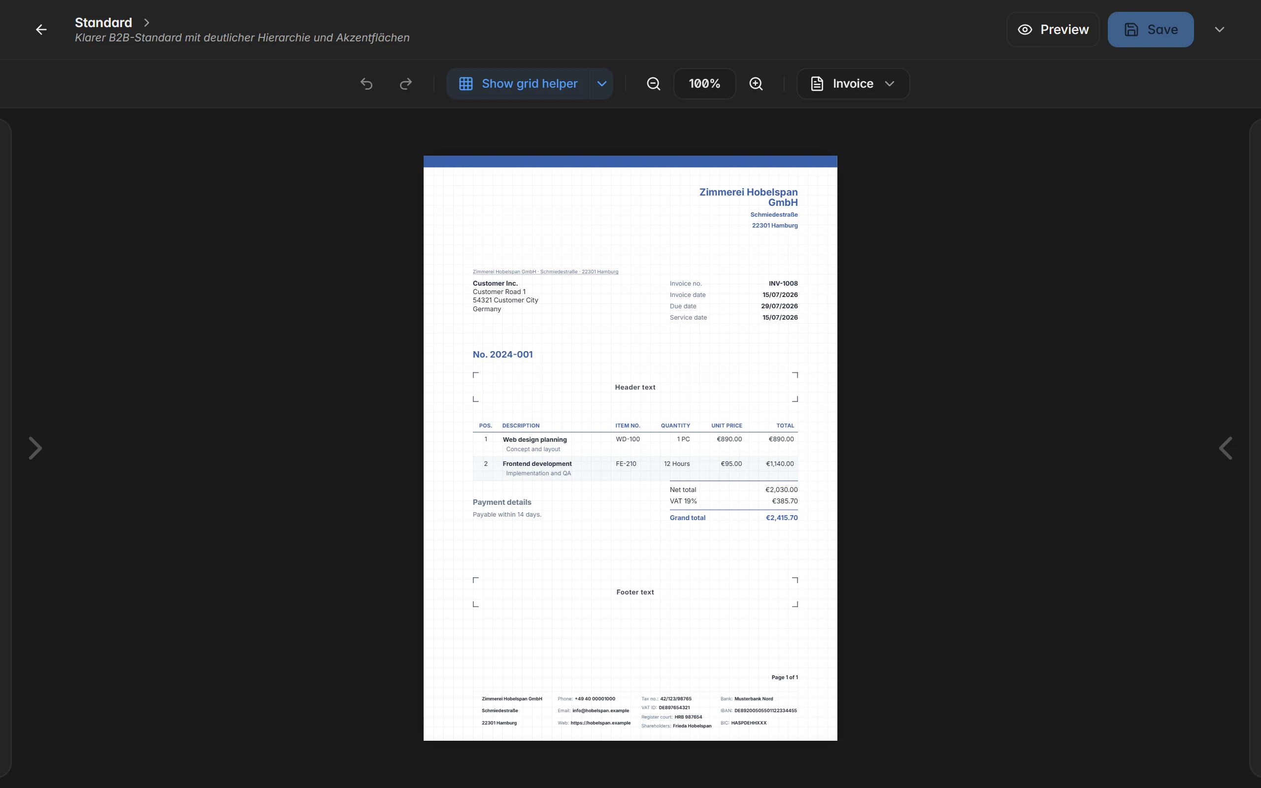 Billance document designer with an element list and a live preview of the invoice PDF