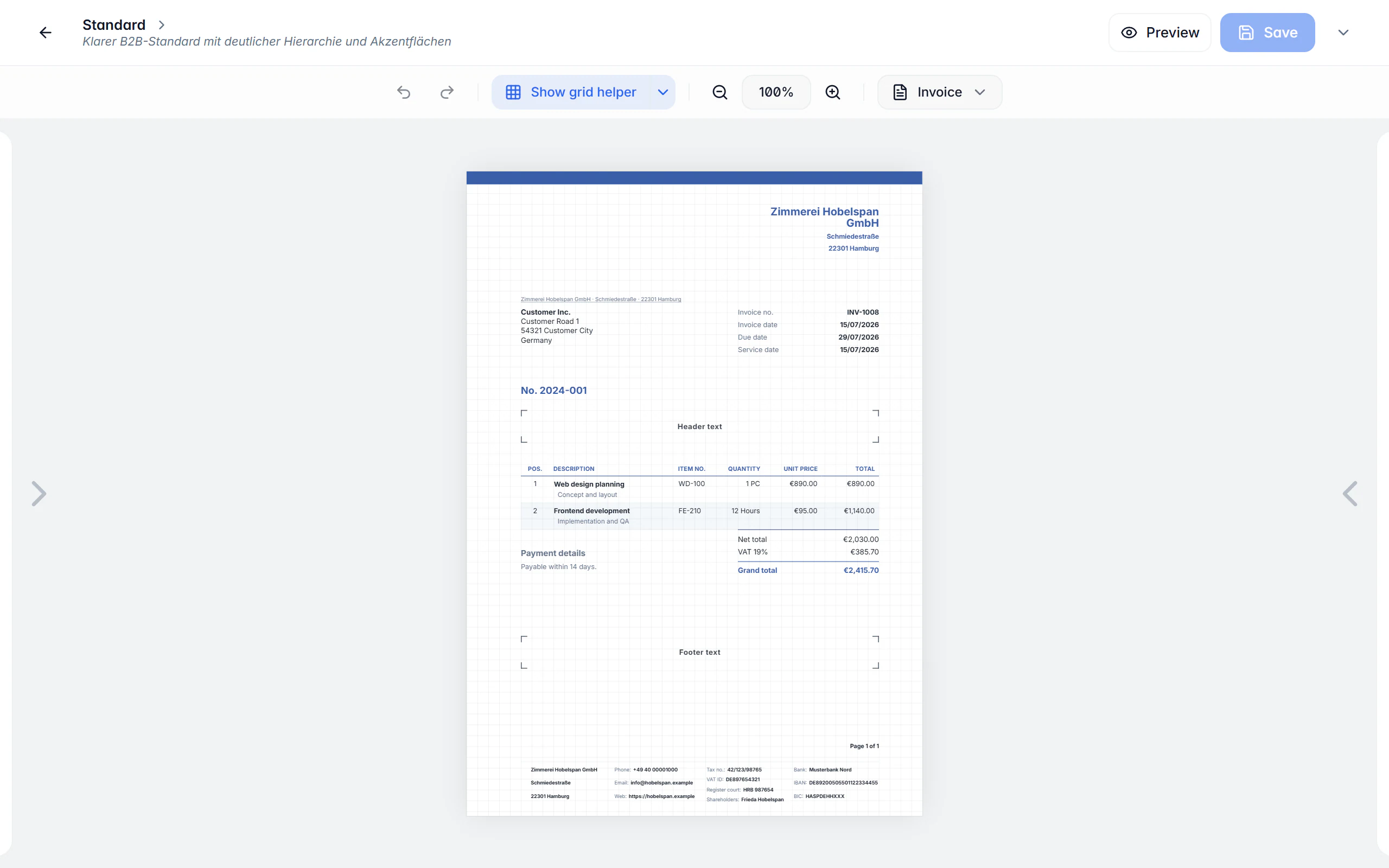Billance document designer with an element list and a live preview of the invoice PDF