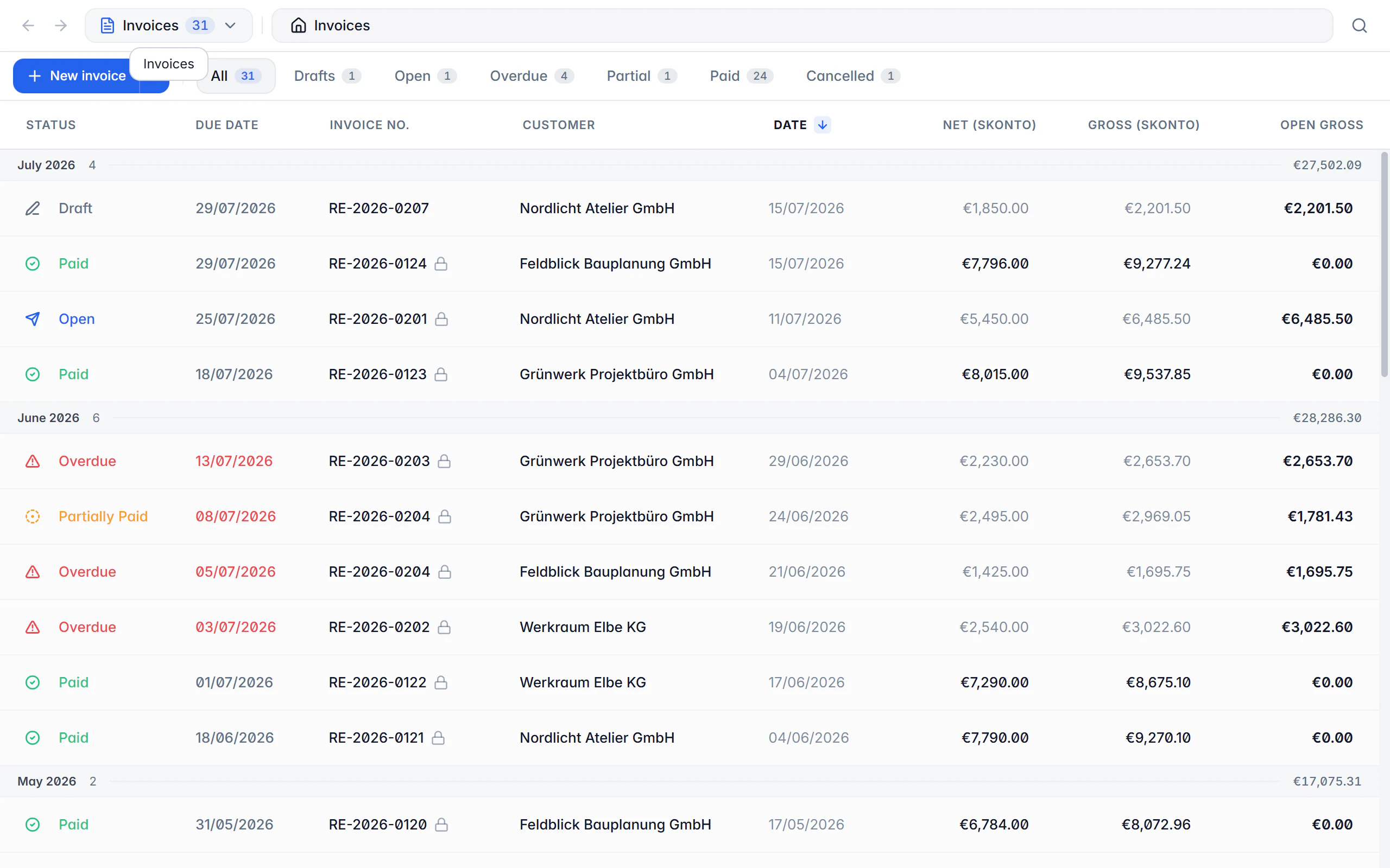 Invoice overview in Billance with payment status, due date and outstanding amounts
