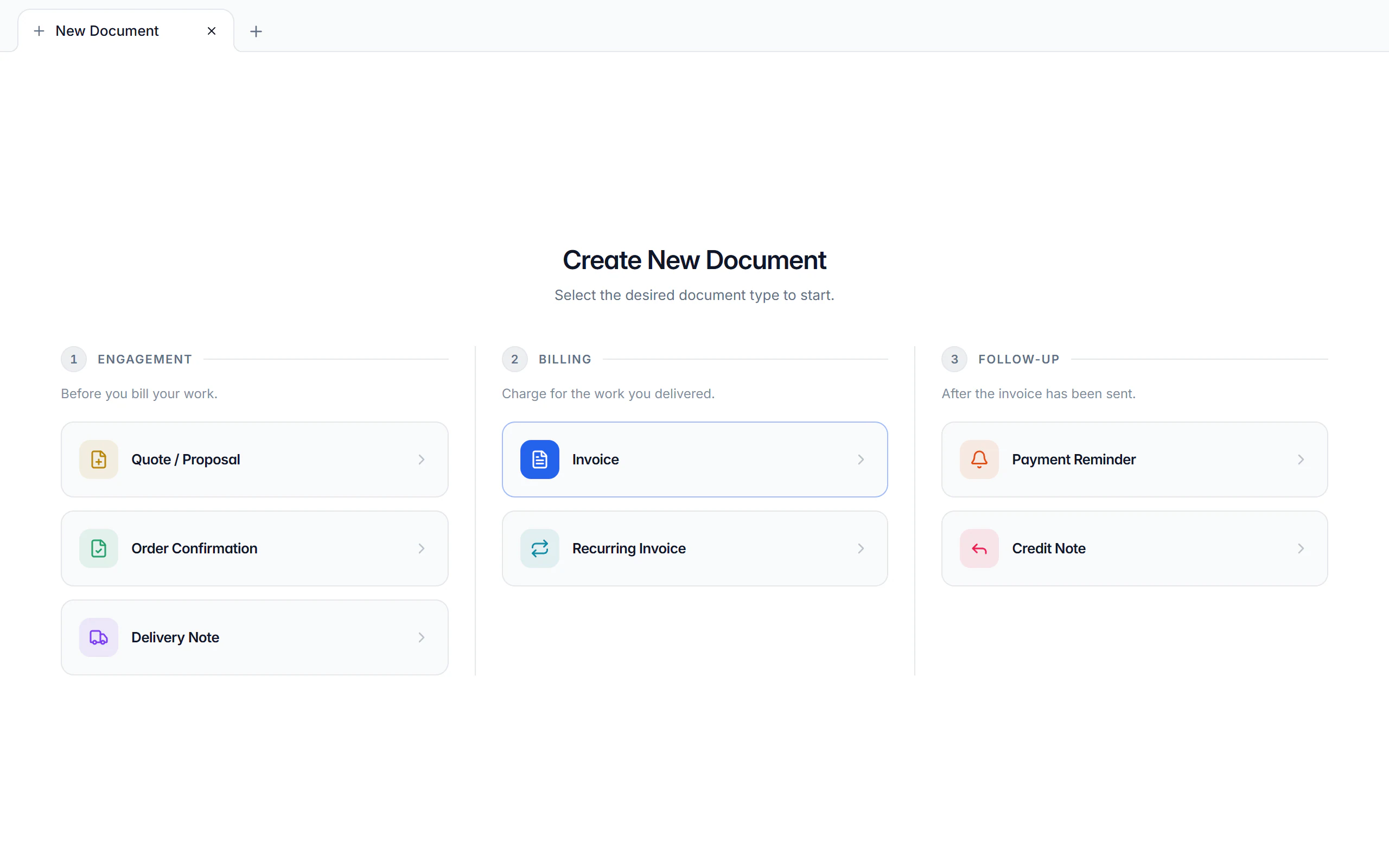 Document type picker in Billance with invoice, quote, order confirmation, delivery note, recurring invoice, credit note and payment reminder