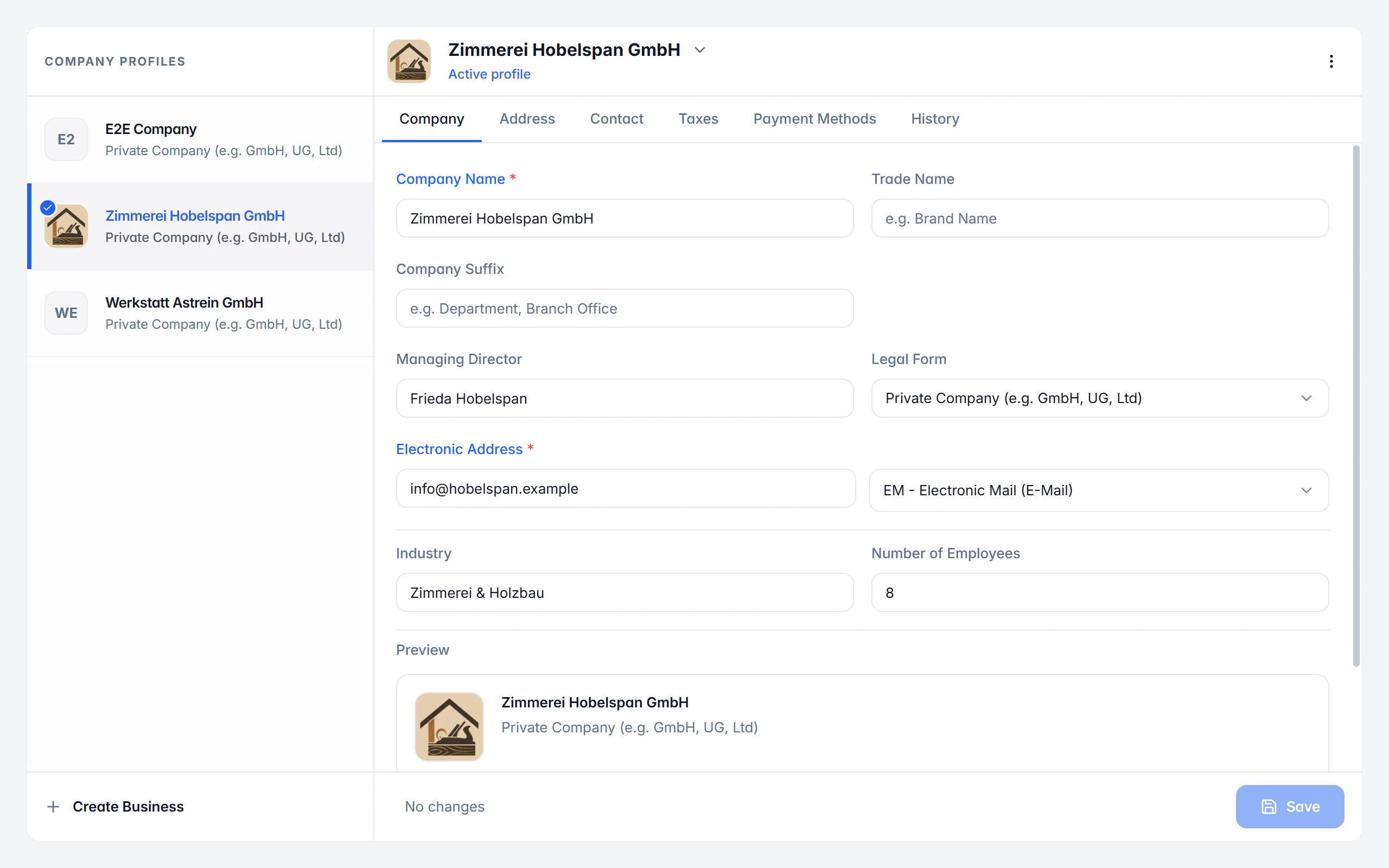 Company profile in Billance with company data, address, tax details and bank account