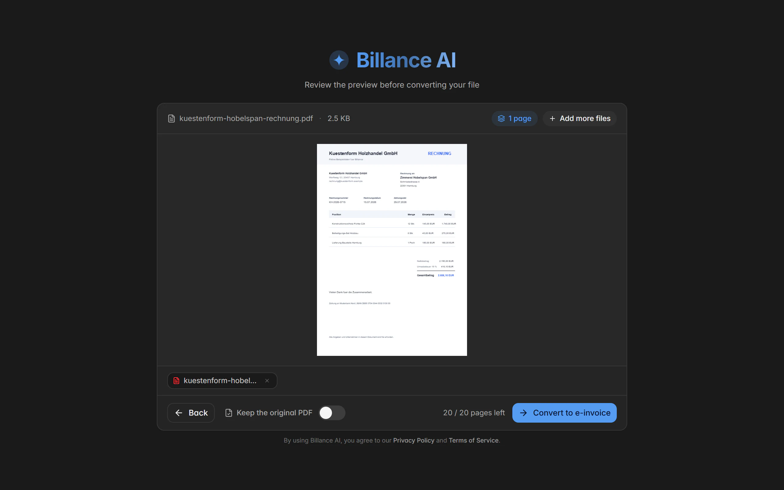 Billance converter showing a PDF preview next to the invoice data recognised from it