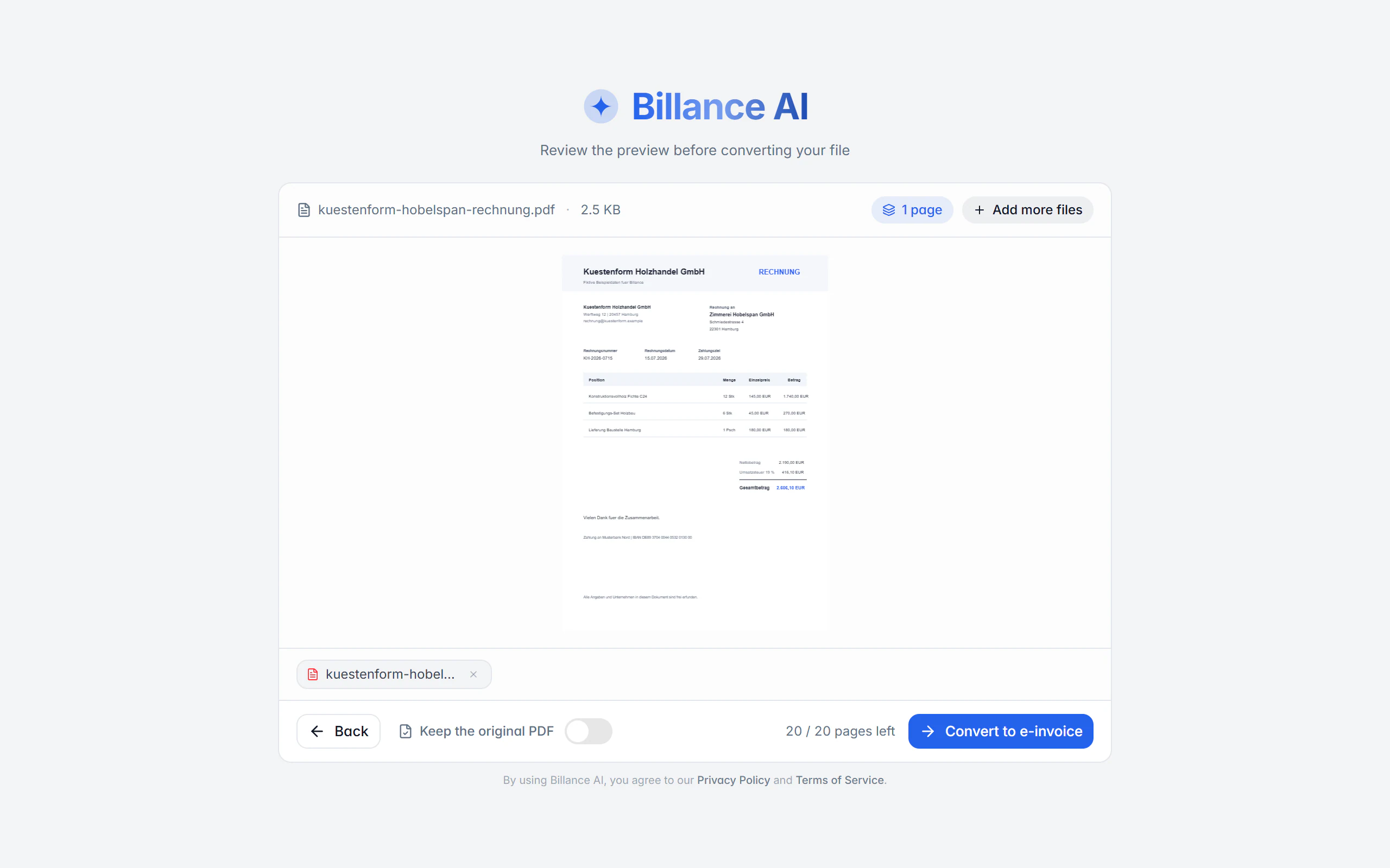 Billance converter showing a PDF preview next to the invoice data recognised from it