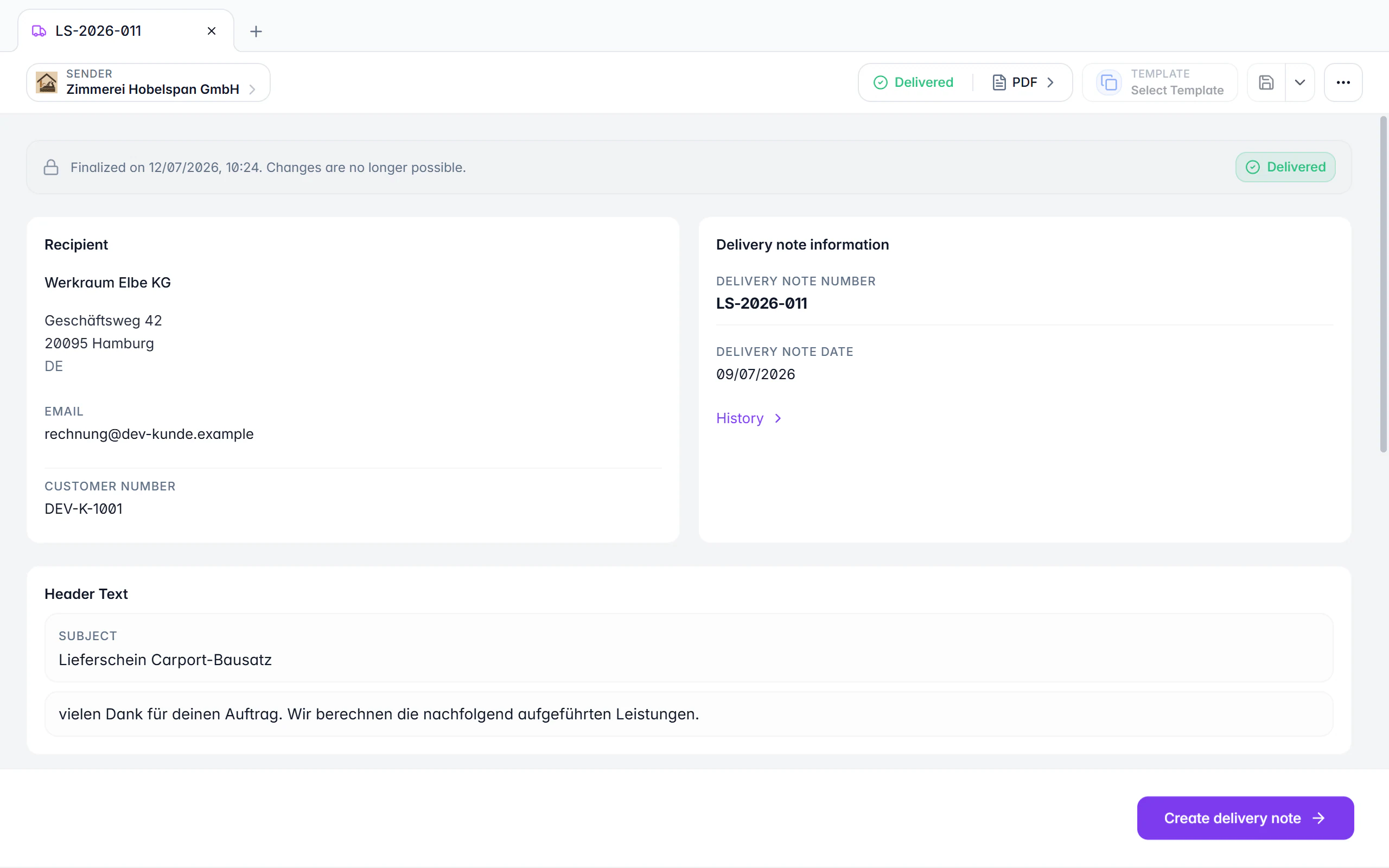 Delivery note in Billance with delivery date, delivery address and line items without prices