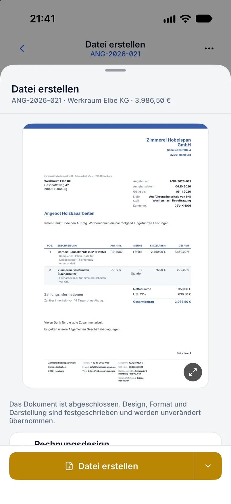 Angebot in Billance mit Empfänger, Angebotsnummer, Angebotsdatum, Gültigkeitsdatum und Gesamtbetrag