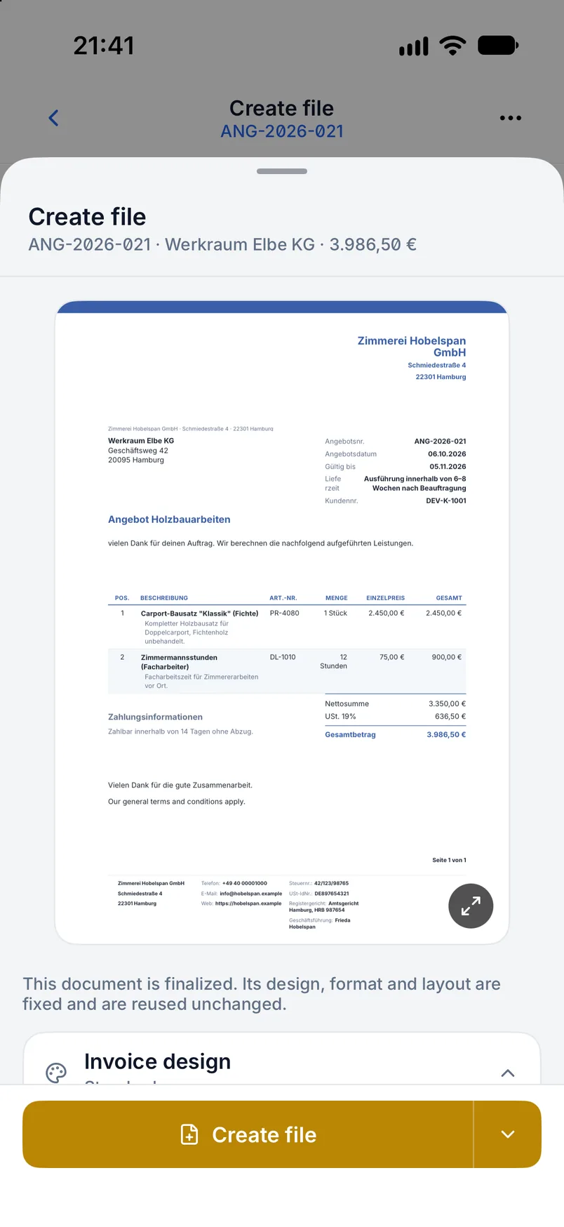 Quote in Billance showing recipient, quote number, quote date, validity date and total amount
