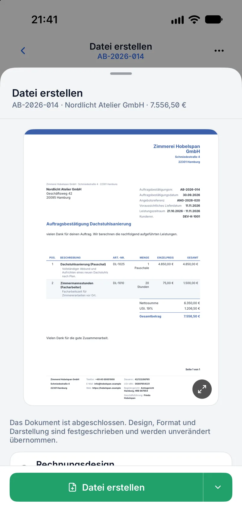 Auftragsbestätigung in Billance mit Empfänger, AB-Nummer, Angebotsreferenz und voraussichtlichem Lieferdatum
