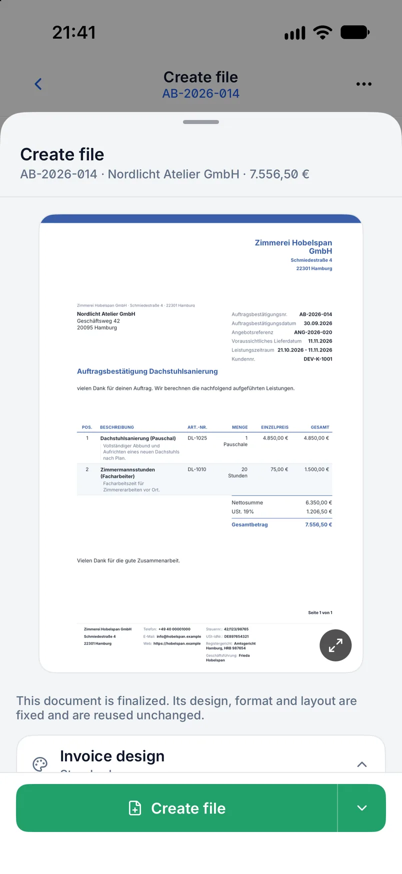 Order confirmation in Billance with recipient, confirmation number, quote reference and expected delivery date