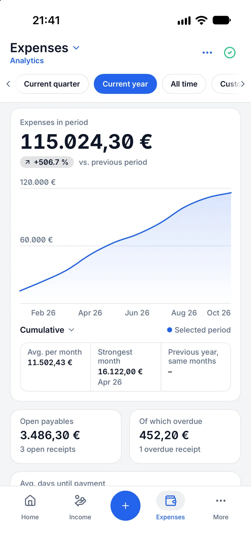 Expense report in Billance with categories, suppliers and period comparison