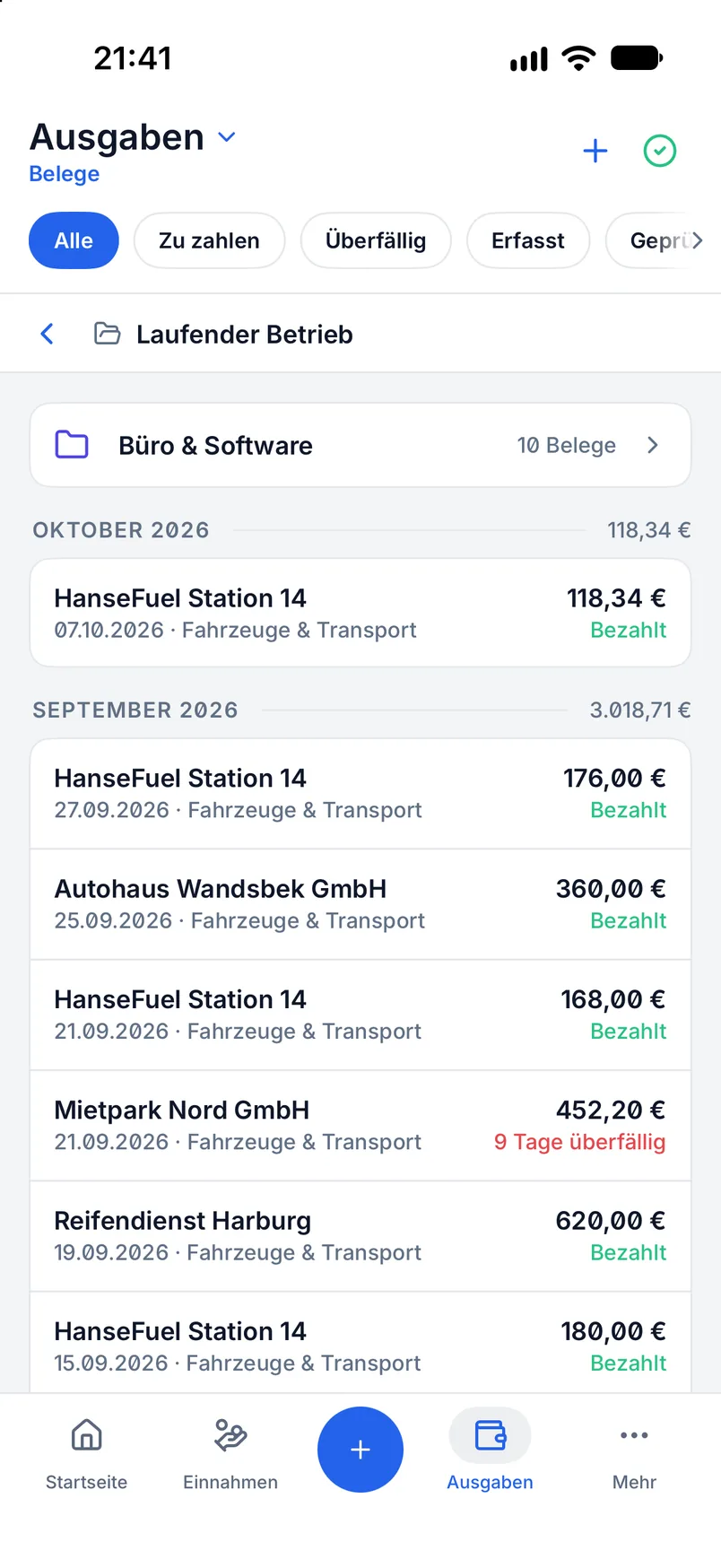 Belegliste in Billance mit Status, Belegnummer, Lieferant, Kategorie, Fälligkeit und Betrag