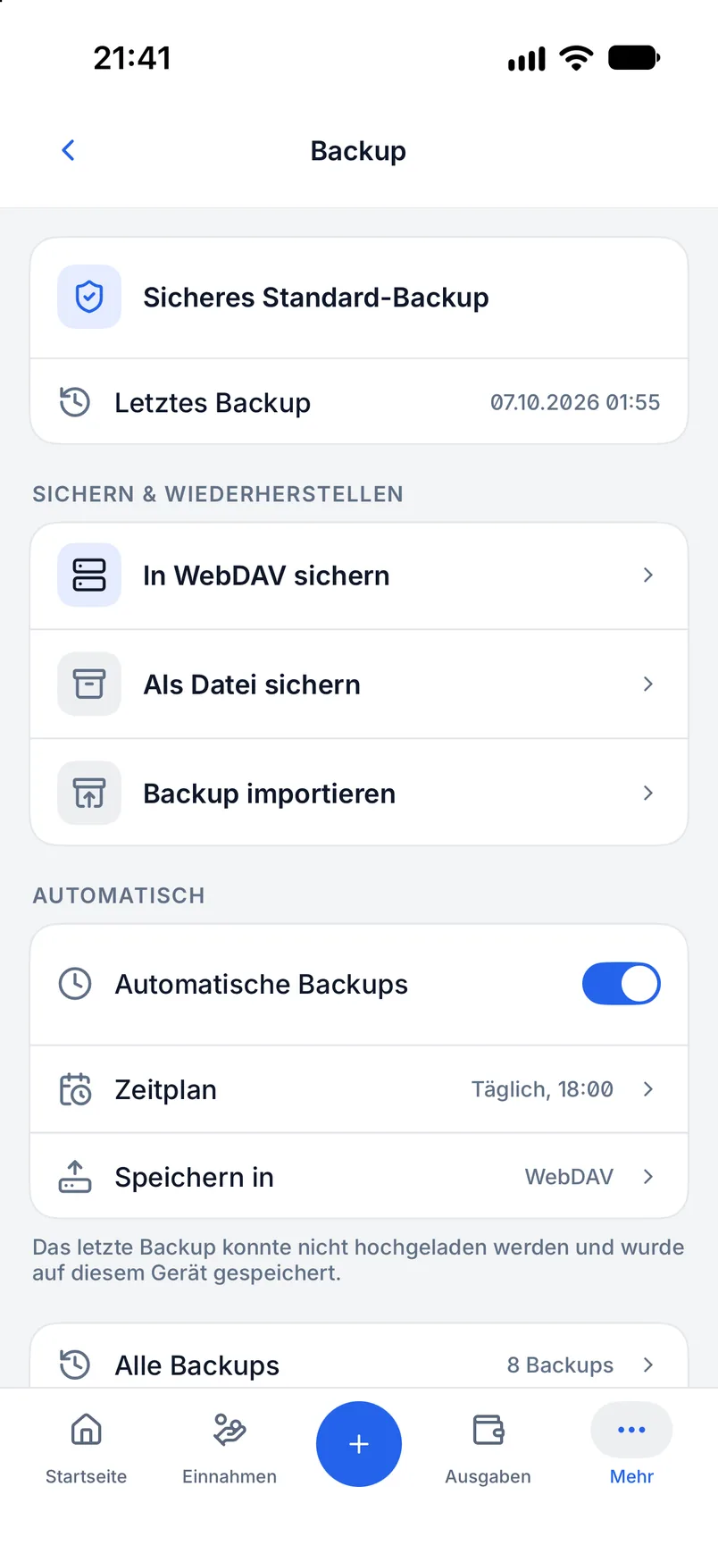 Backup-Einstellungen in Billance mit manuellem Backup, Zeitplan und Wiederherstellung