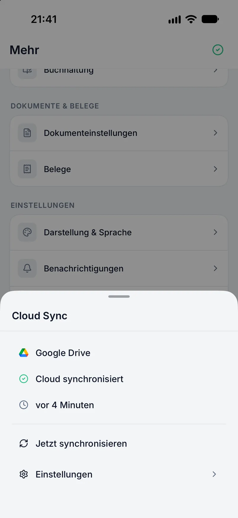 Cloud-Synchronisation in den Billance-Einstellungen mit Anbieterauswahl, Status und Datenbereichen