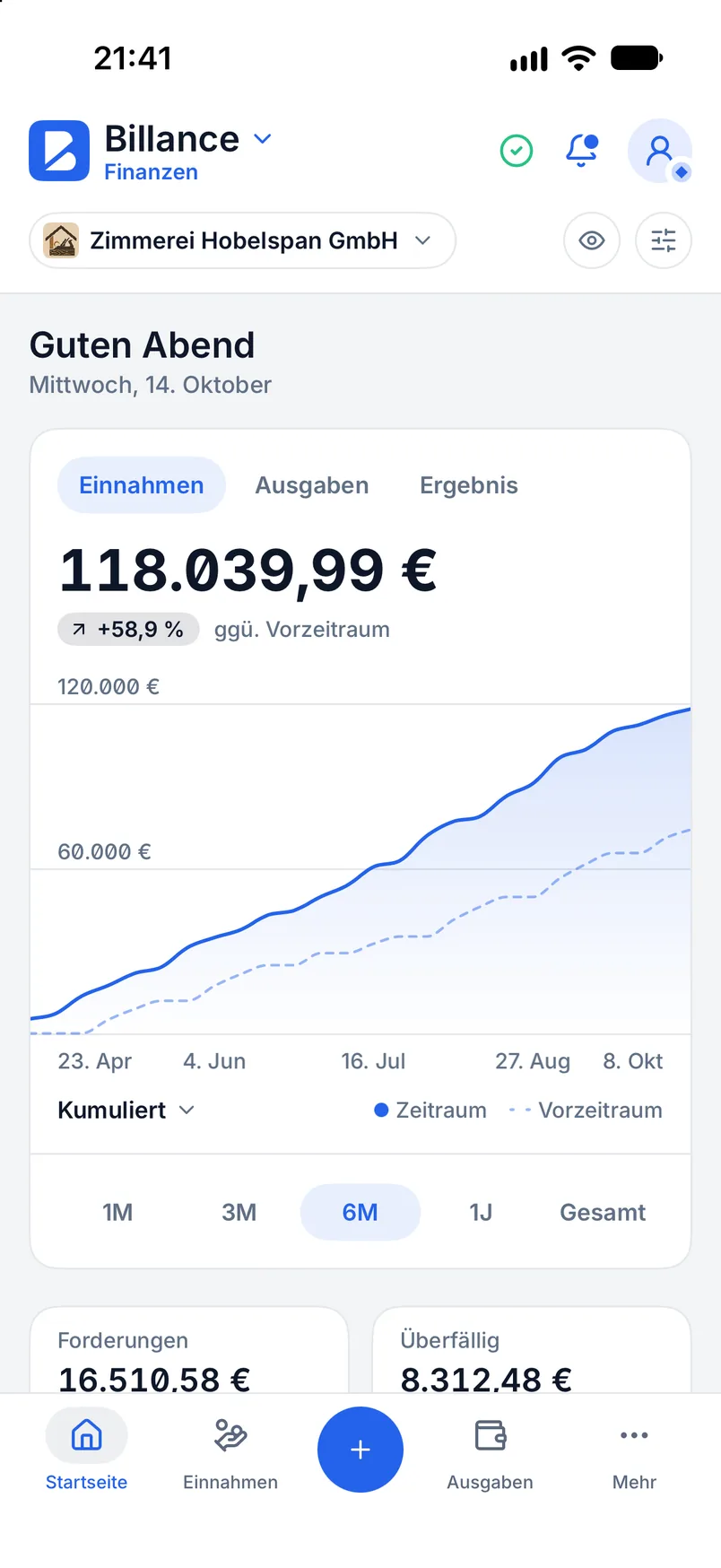 Startseite von Billance mit Monatssaldo, Forderungen, Verbindlichkeiten, Aufgaben und Diagrammen