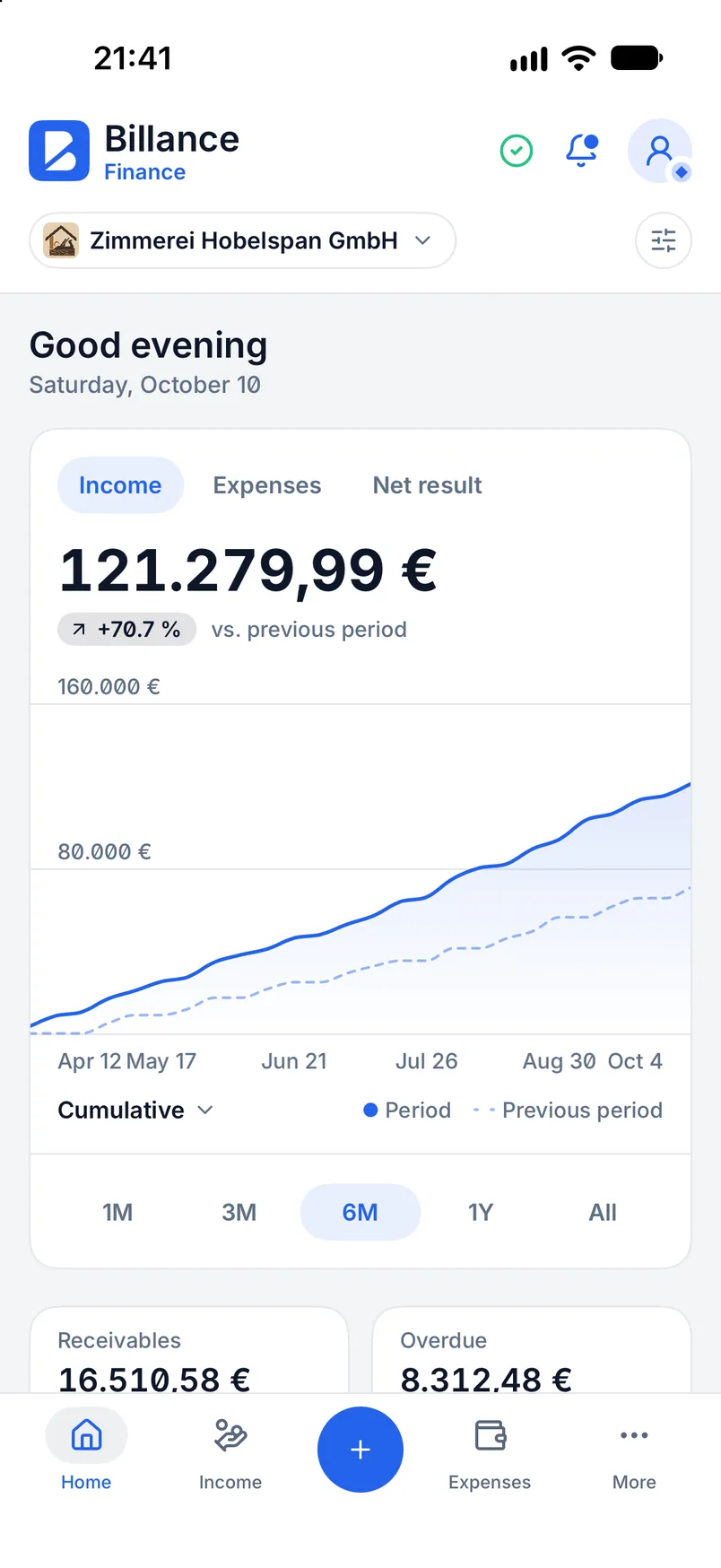 Billance home screen with monthly balance, receivables, payables, tasks and charts