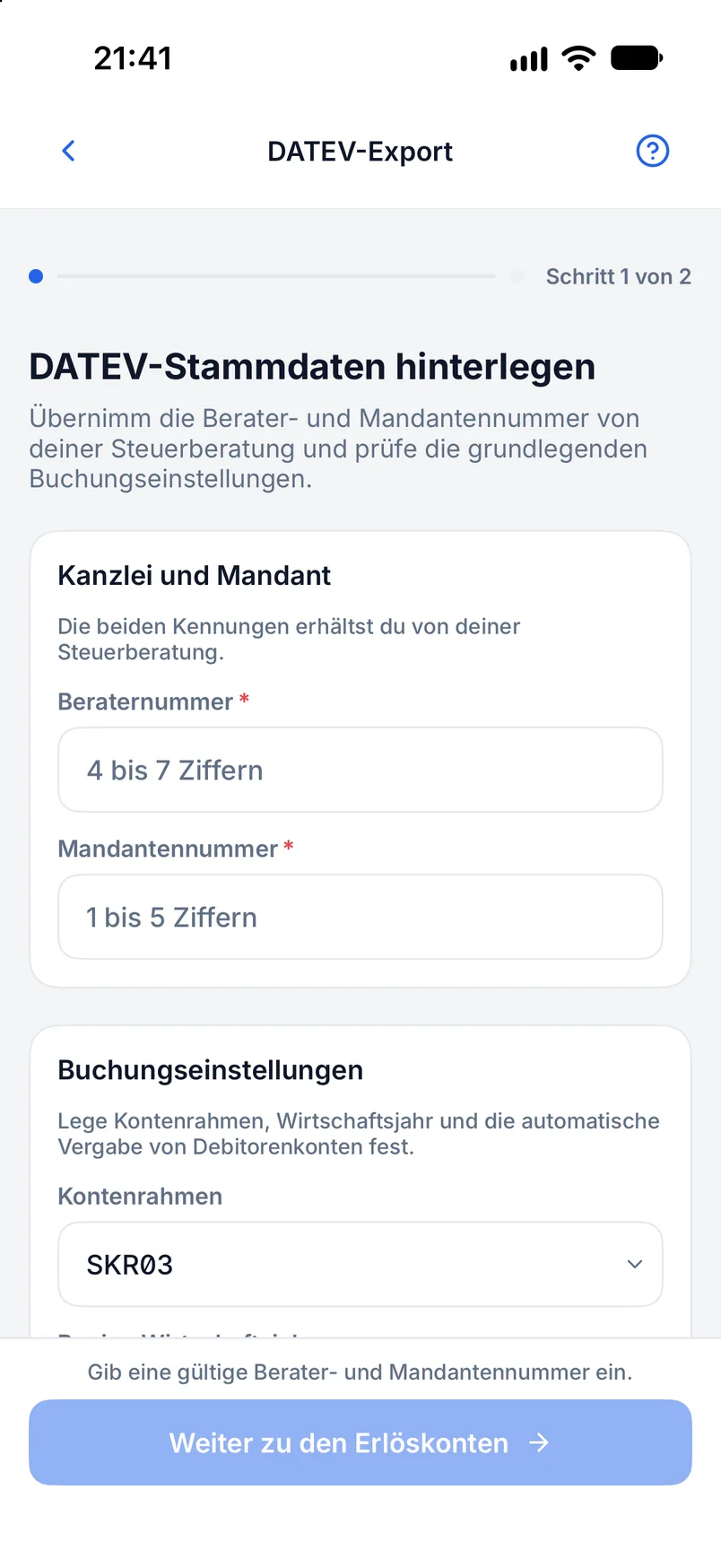 DATEV-Export in Billance mit Zeitraumauswahl, Buchungsanzahl, Konten und Prüfhinweisen