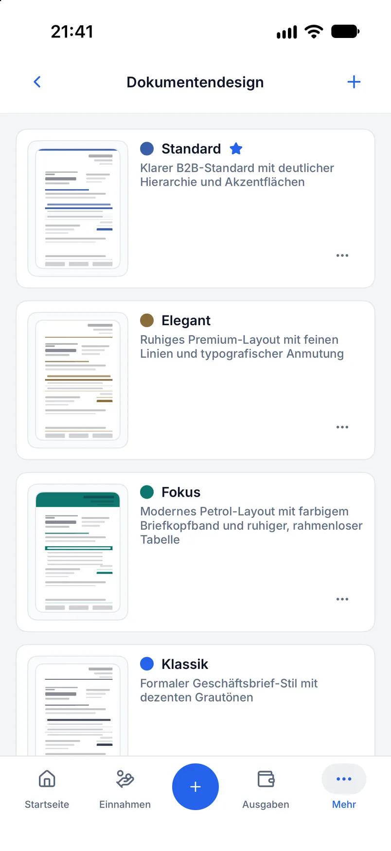 Dokumentdesigner in Billance mit Elementliste, A4-Arbeitsfläche und Eigenschaften der Auswahl