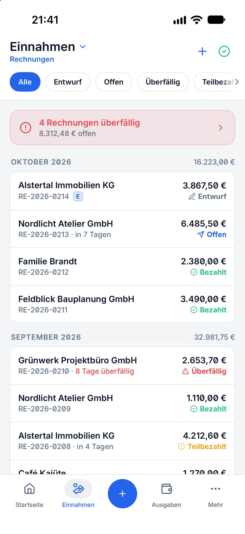 Dokumentenübersicht in Billance mit Statusspalte, Dokumentnummer, Empfänger, Fälligkeit und Beträgen