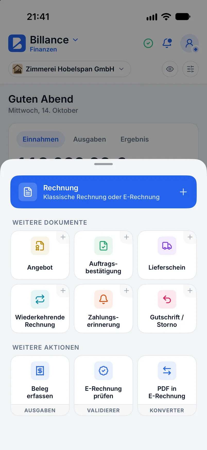 Dokumentauswahl in Billance mit Rechnung, Angebot, Auftragsbestätigung, Lieferschein, wiederkehrender Rechnung, Gutschrift und Mahnung