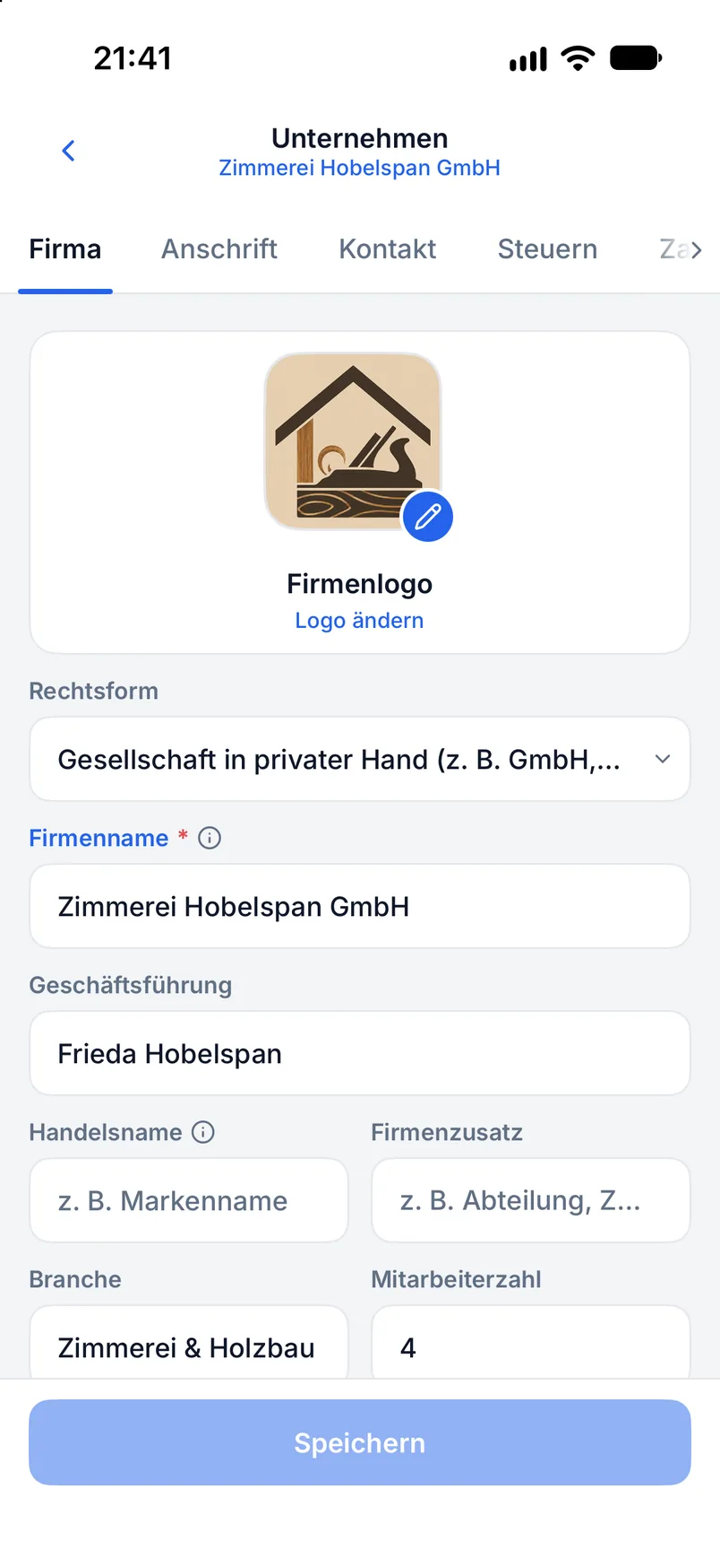 Firmenprofil in Billance mit Unternehmensdaten, Anschrift, Steuerangaben und Bankverbindung