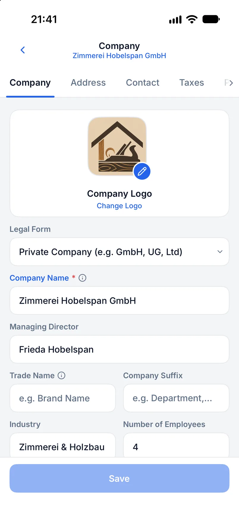 Company profile in Billance with company data, address, tax details and bank account
