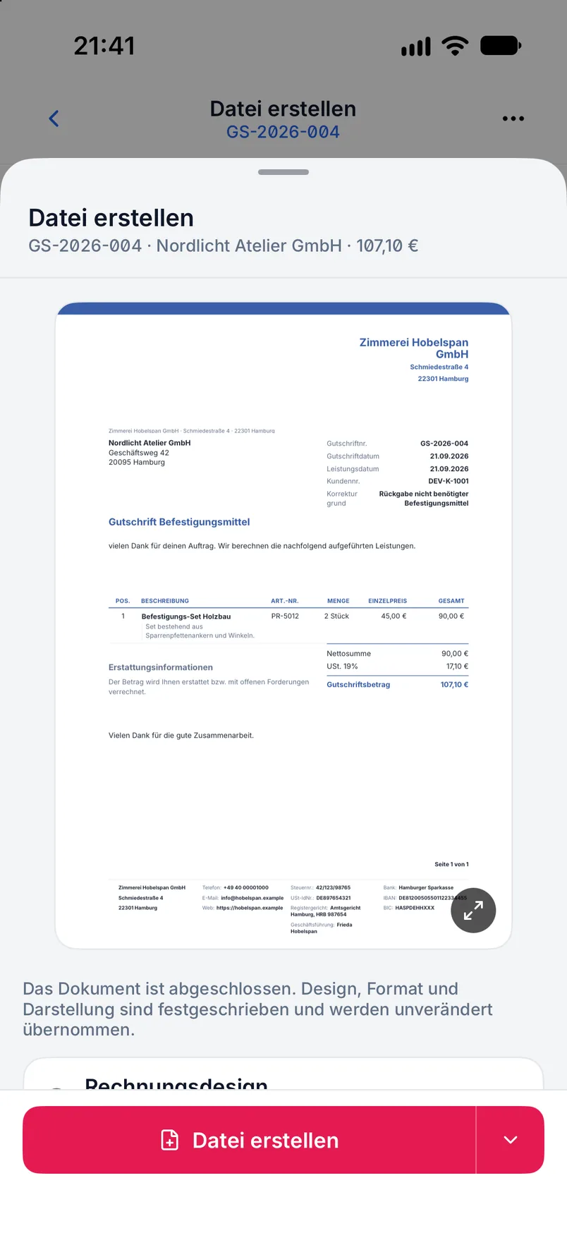 Gutschrift in Billance mit Bezug auf die Originalrechnung, Korrekturgrund und Positionen